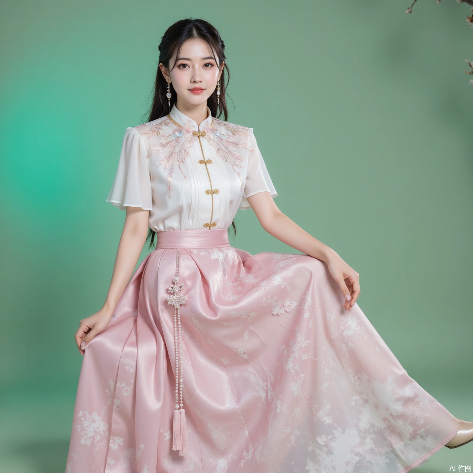 fuzhuang,xiaomei,black hair,hair_bun,grey eyes,fair skin,jewelry,earrings,necklace, 1 girl,solo,pink skirt,skirt,floral print,shirt,long skirt,white shirt,short sleeves,chinese clothes,sitting,chair,full body,flower,cherry blossoms,green background,cover,gradient background,close-up details,outstanding style,adding a touch of dimension to your images without compromising details,close-up,
lvjing,long legs,pifu