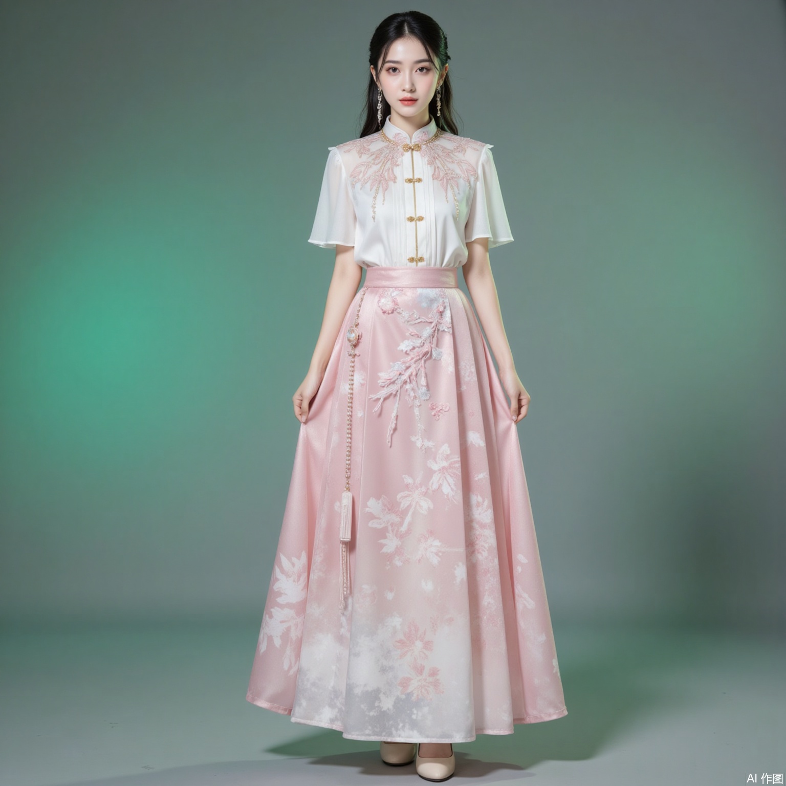 fuzhuang,xiaomei,black hair,hair_bun,grey eyes,fair skin,jewelry,earrings,necklace, 1 girl,solo,pink skirt,skirt,floral print,shirt,long skirt,white shirt,short sleeves,standing,chinese clothes,high_heels,full body,flower,cherry blossoms,green background,cover,gradient background,close-up details,outstanding style,adding a touch of dimension to your images without compromising details,close-up,
lvjing,long legs,pifu