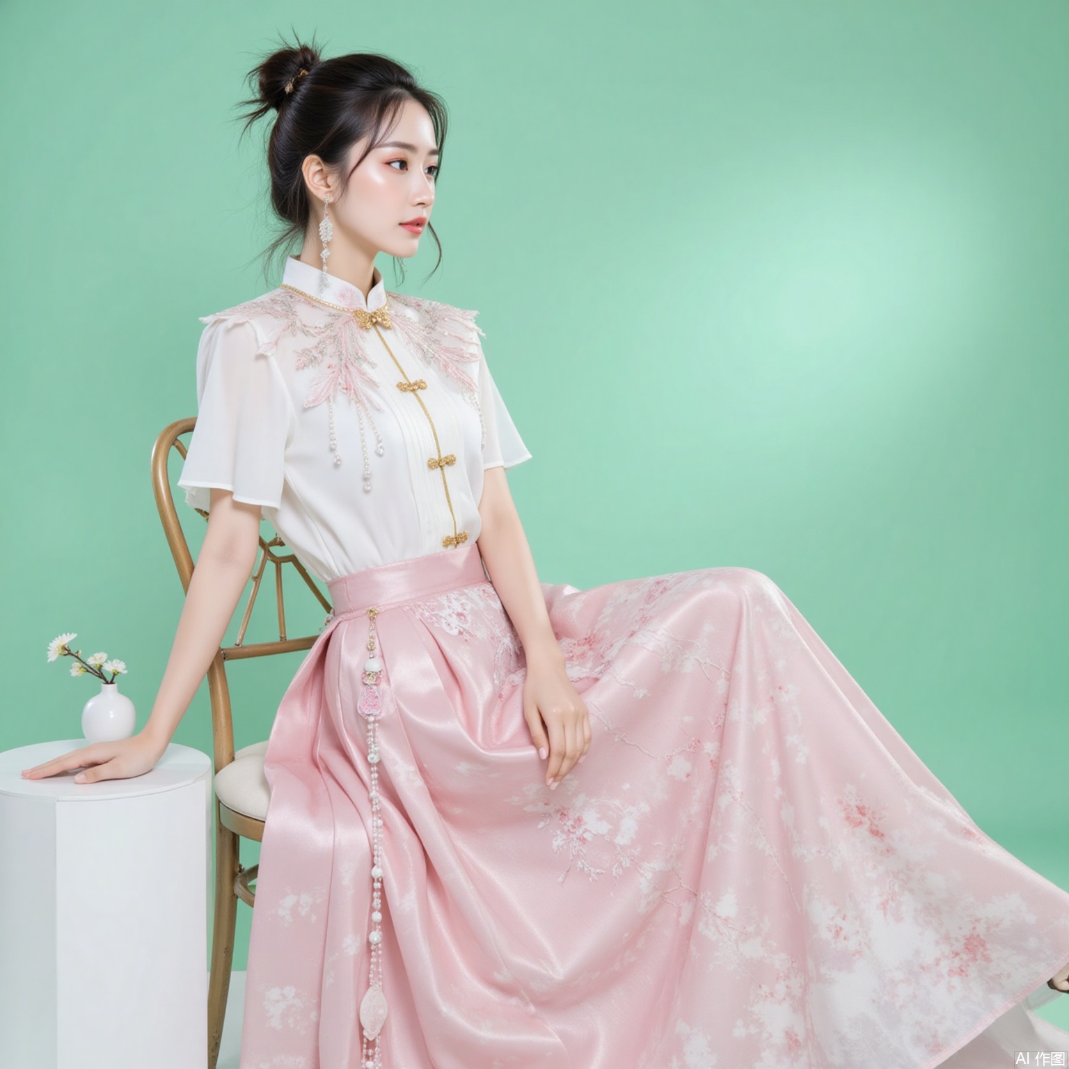 fuzhuang,xiaomei,black hair,hair_bun,grey eyes,fair skin,jewelry,earrings,necklace, 1 girl,solo,pink skirt,skirt,floral print,shirt,long skirt,white shirt,short sleeves,chinese clothes,sitting,chair,full body,flower,cherry blossoms,green background,cover,gradient background,close-up details,outstanding style,adding a touch of dimension to your images without compromising details,close-up,
lvjing,long legs,pifu