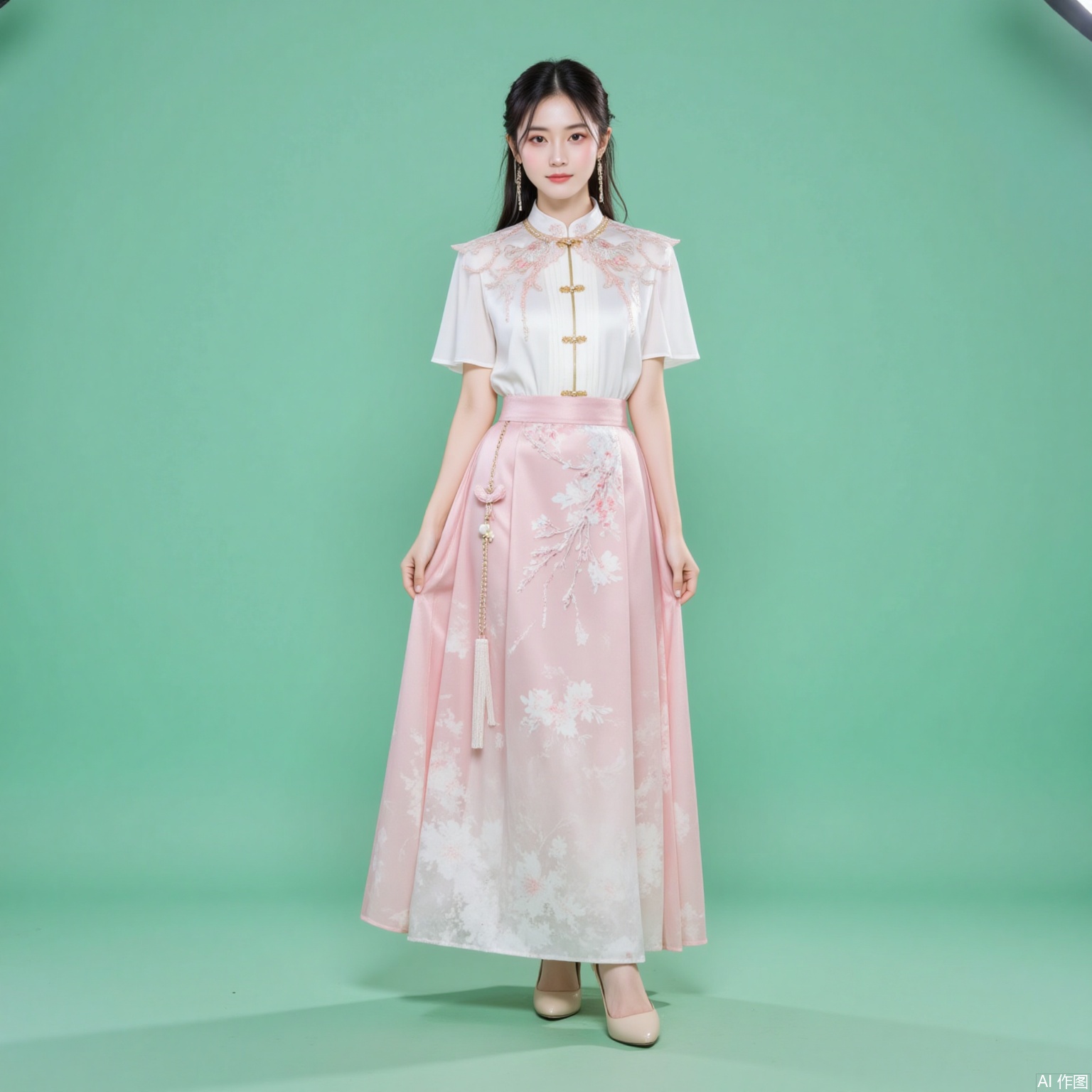 fuzhuang,xiaomei,black hair,hair_bun,grey eyes,fair skin,jewelry,earrings,necklace, 1 girl,solo,pink skirt,skirt,floral print,shirt,long skirt,white shirt,short sleeves,standing,chinese clothes,high_heels,full body,flower,cherry blossoms,green background,cover,gradient background,close-up details,outstanding style,adding a touch of dimension to your images without compromising details,close-up,
lvjing,long legs,pifu
