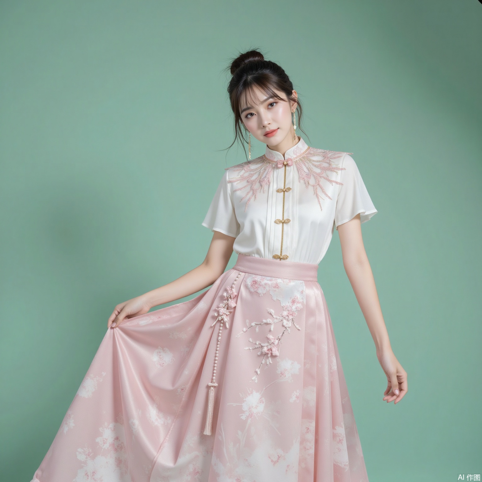 fuzhuang,xiaomei,black hair,hair_bun,grey eyes,fair skin,jewelry,earrings,necklace, 1 girl,solo,pink skirt,skirt,floral print,shirt,long skirt,white shirt,short sleeves,standing,chinese clothes,high_heels,full body,flower,cherry blossoms,green background,cover,gradient background,close-up details,outstanding style,adding a touch of dimension to your images without compromising details,close-up,
lvjing,long legs,pifu
