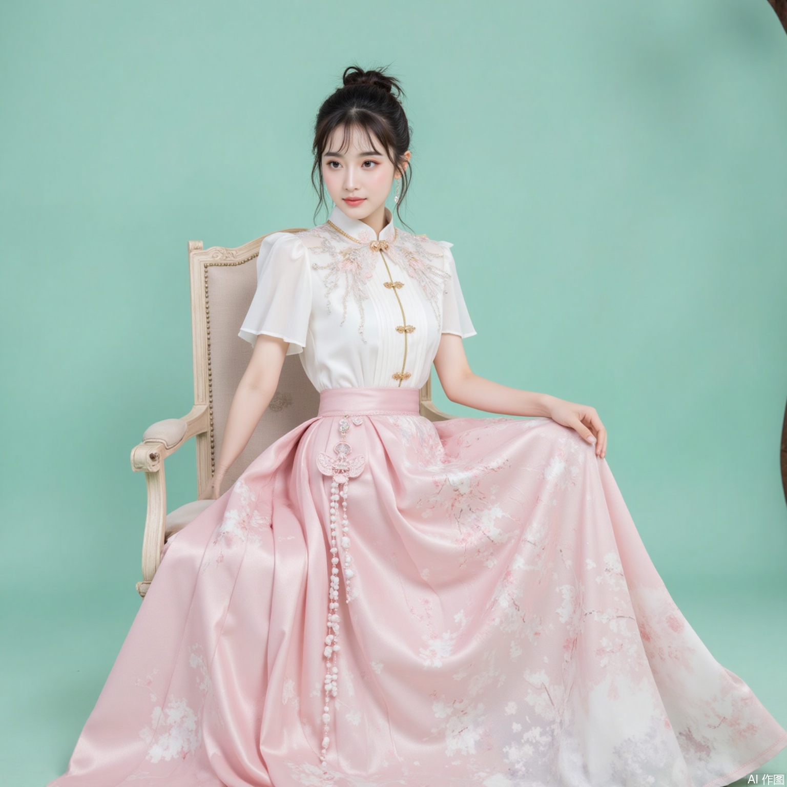 fuzhuang,xiaomei,black hair,hair_bun,grey eyes,fair skin,jewelry,earrings,necklace, 1 girl,solo,pink skirt,skirt,floral print,shirt,long skirt,white shirt,short sleeves,chinese clothes,sitting,chair,full body,flower,cherry blossoms,green background,cover,gradient background,close-up details,outstanding style,adding a touch of dimension to your images without compromising details,close-up,
lvjing,long legs,pifu
