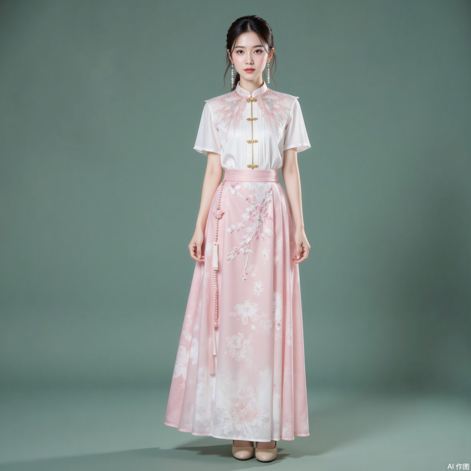 fuzhuang,xiaomei,black hair,hair_bun,grey eyes,fair skin,jewelry,earrings,necklace, 1 girl,solo,pink skirt,skirt,floral print,shirt,long skirt,white shirt,short sleeves,standing,chinese clothes,high_heels,full body,flower,cherry blossoms,green background,cover,gradient background,close-up details,outstanding style,adding a touch of dimension to your images without compromising details,close-up,
lvjing,long legs,pifu