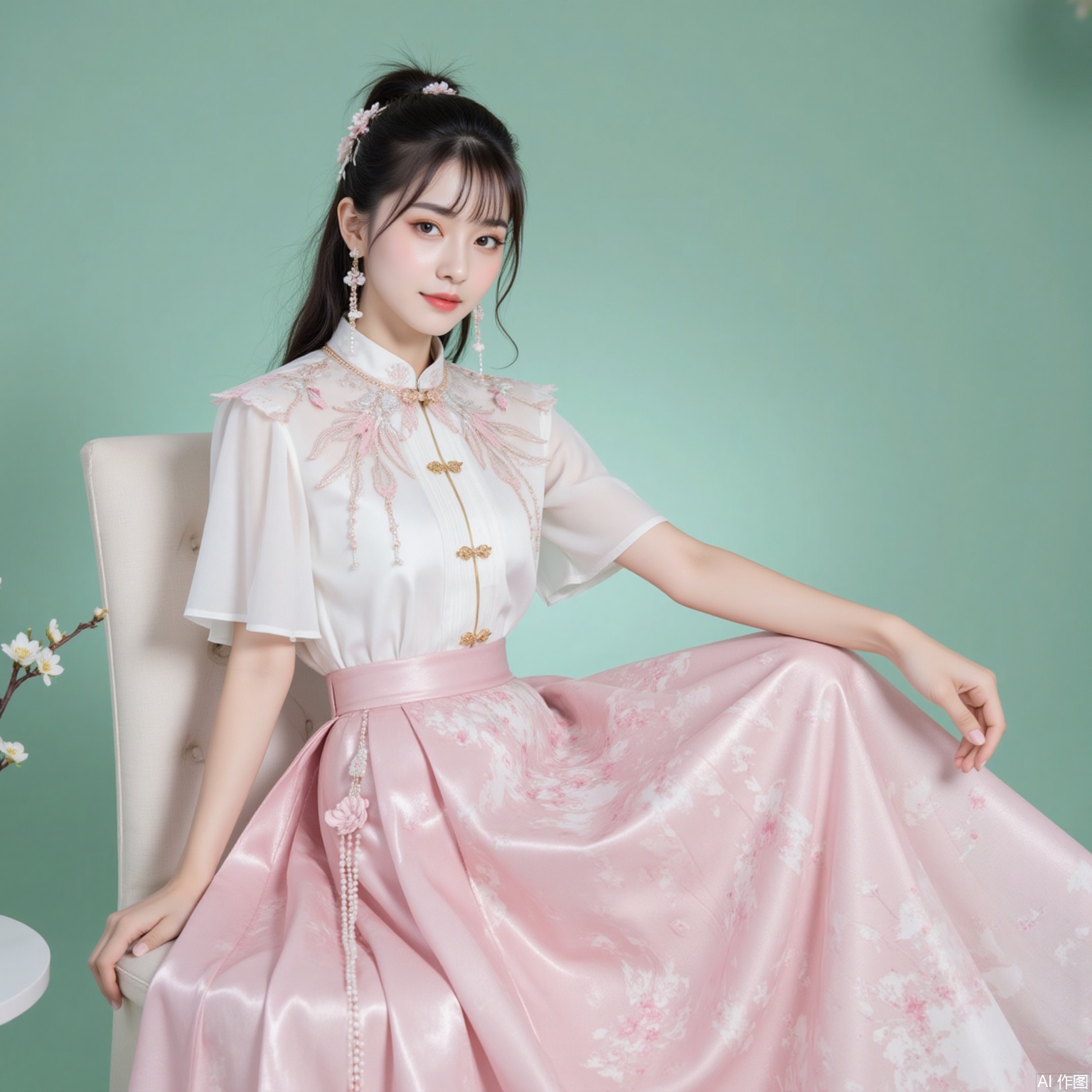 fuzhuang,xiaomei,black hair,hair_bun,grey eyes,fair skin,jewelry,earrings,necklace, 1 girl,solo,pink skirt,skirt,floral print,shirt,long skirt,white shirt,short sleeves,chinese clothes,sitting,chair,full body,flower,cherry blossoms,green background,cover,gradient background,close-up details,outstanding style,adding a touch of dimension to your images without compromising details,close-up,
lvjing,long legs,pifu
