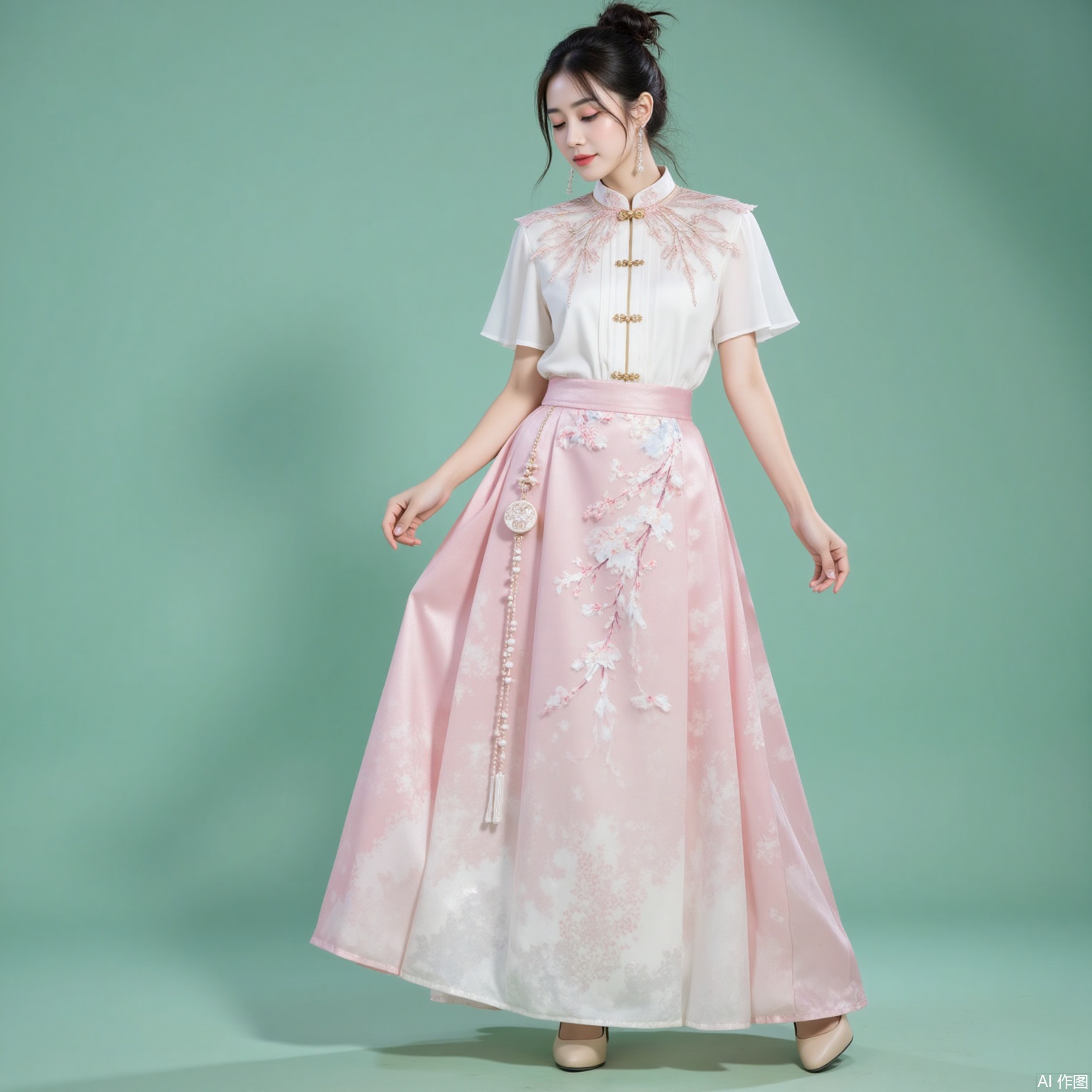 fuzhuang,xiaomei,black hair,hair_bun,grey eyes,fair skin,jewelry,earrings,necklace, 1 girl,solo,pink skirt,skirt,floral print,shirt,long skirt,white shirt,short sleeves,standing,chinese clothes,high_heels,full body,flower,cherry blossoms,green background,cover,gradient background,close-up details,outstanding style,adding a touch of dimension to your images without compromising details,close-up,
lvjing,long legs,pifu