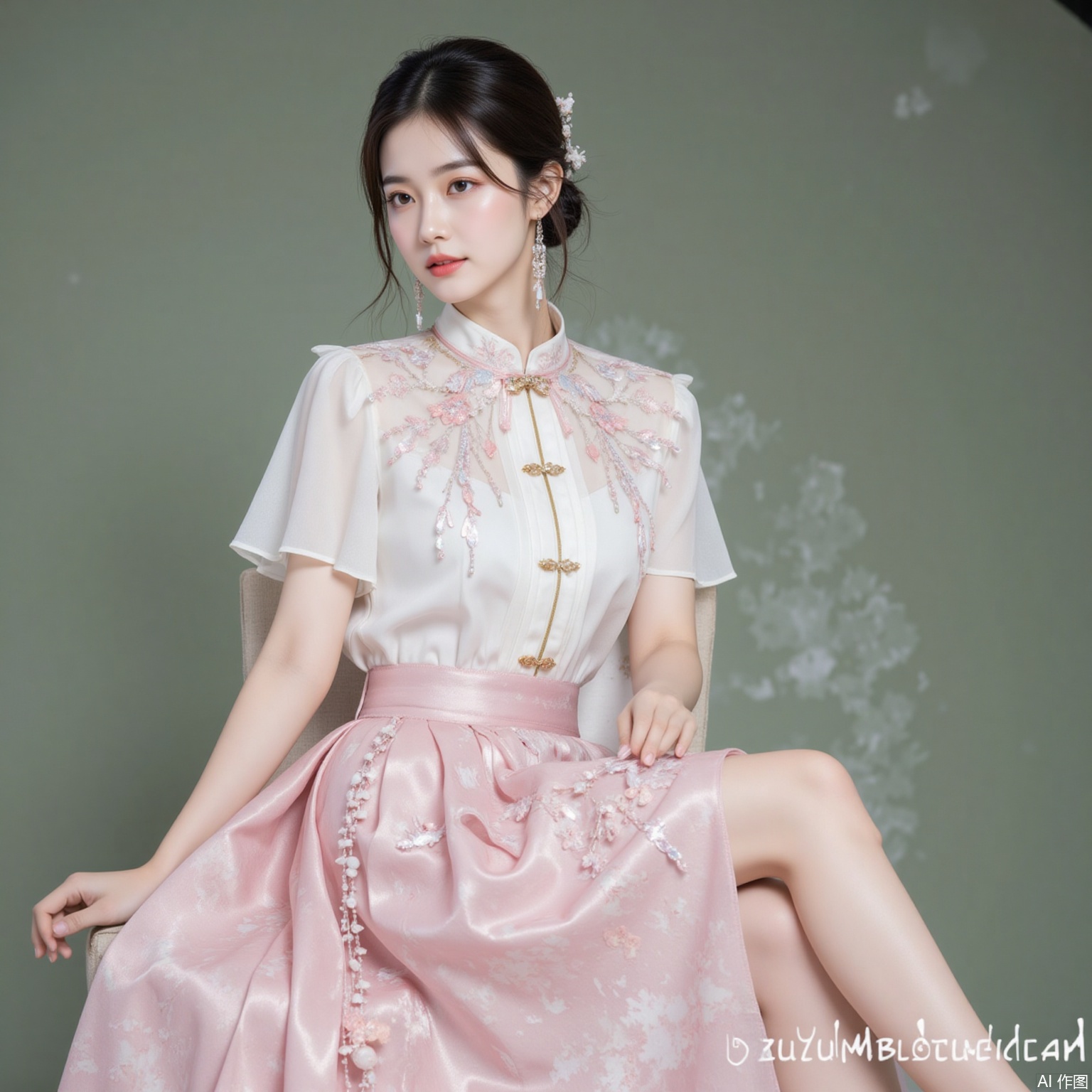 fuzhuang,xiaomei,black hair,hair_bun,grey eyes,fair skin,jewelry,earrings,necklace, 1 girl,solo,pink skirt,skirt,floral print,shirt,long skirt,white shirt,short sleeves,chinese clothes,sitting,chair,full body,flower,cherry blossoms,green background,cover,gradient background,close-up details,outstanding style,adding a touch of dimension to your images without compromising details,close-up,
lvjing,long legs,pifu