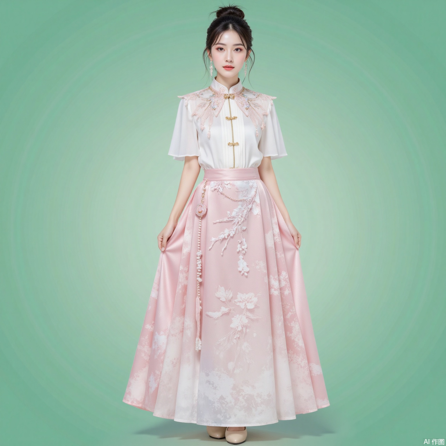 fuzhuang,xiaomei,black hair,hair_bun,grey eyes,fair skin,jewelry,earrings,necklace, 1 girl,solo,pink skirt,skirt,floral print,shirt,long skirt,white shirt,short sleeves,standing,chinese clothes,high_heels,full body,flower,cherry blossoms,green background,cover,gradient background,close-up details,outstanding style,adding a touch of dimension to your images without compromising details,close-up,
lvjing,long legs,pifu