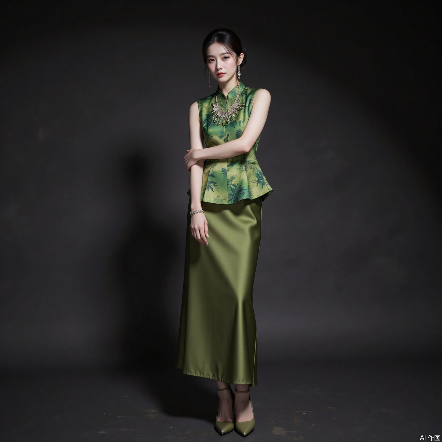 fuzhuang,black hair,hair_bun,grey eyes,fair skin,jewelry,earrings,necklace, 1girl,solo,green shirt,sleeveless,skirt,shirt,green skirt,sleeveless shirt,chinese clothes,long skirt,standing,bracelet,jewelry,crossed arms,china dress,high_heels,black_background,cover,gradient background,close-up details,outstanding style,adding a touch of dimension to your images without compromising details,close-up,
lvjing,long legs,pifu