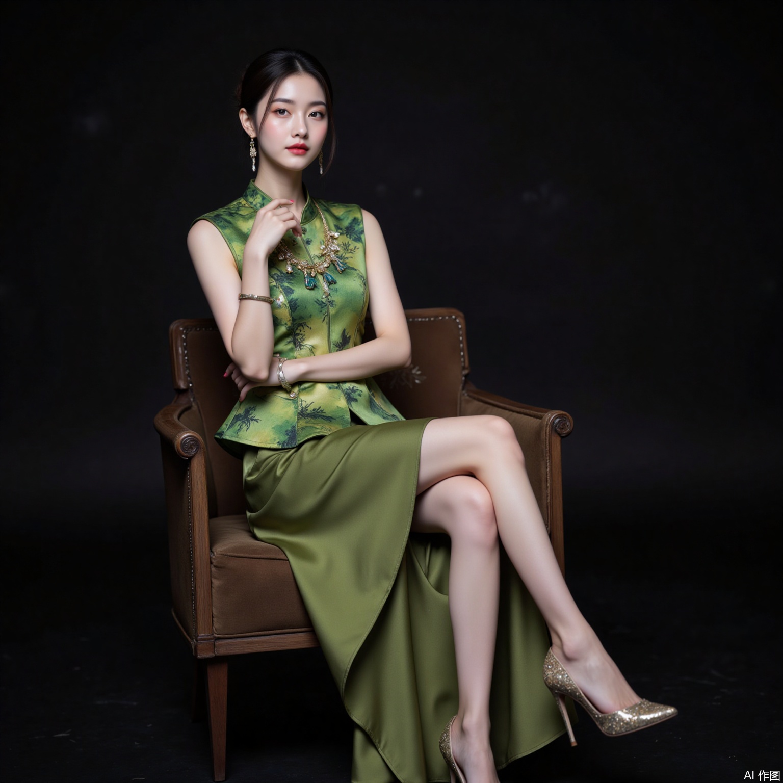 fuzhuang,xiaomei,black hair,hair_bun,grey eyes,fair skin,jewelry,earrings,necklace, 1girl,solo,green shirt,sleeveless,skirt,shirt,green skirt,sleeveless shirt,chinese clothes,long skirt,bracelet,couch,sitting,jewelry,crossed arms,china dress,high_heels,black_background,cover,gradient background,close-up details,outstanding style,adding a touch of dimension to your images without compromising details,close-up,
lvjing,long legs,pifu