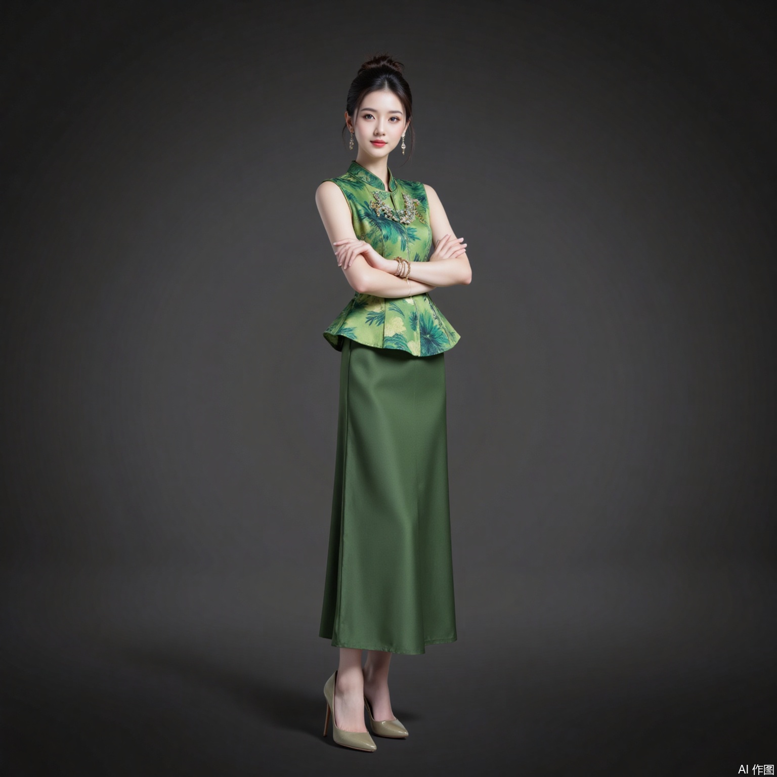 fuzhuang,black hair,hair_bun,grey eyes,fair skin,jewelry,earrings,necklace, 1girl,solo,green shirt,sleeveless,skirt,shirt,green skirt,sleeveless shirt,chinese clothes,long skirt,standing,bracelet,jewelry,crossed arms,china dress,high_heels,black_background,cover,gradient background,close-up details,outstanding style,adding a touch of dimension to your images without compromising details,close-up,
lvjing,long legs,pifu