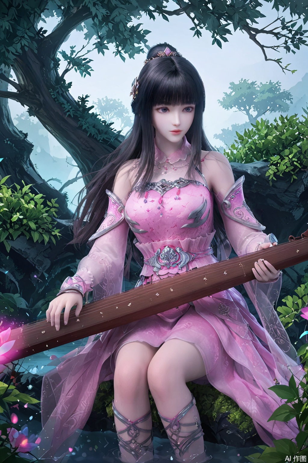 score_9_up , LinShuiYao,1girl, solo, long hair, black hair, dress, sitting, flower, detached sleeves, water, tree, instrument, pink dress, playing instrument,armor dress
