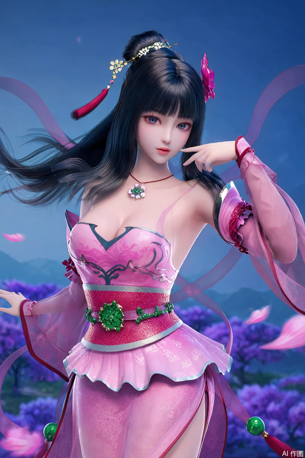 score_9_up , LinShuiYao,1girl, solo, long hair, breasts, looking at viewer, black hair, hair ornament, dress, cleavage, jewelry, ponytail, flower, detached sleeves, necklace, sash, pink dress,Chinese dress