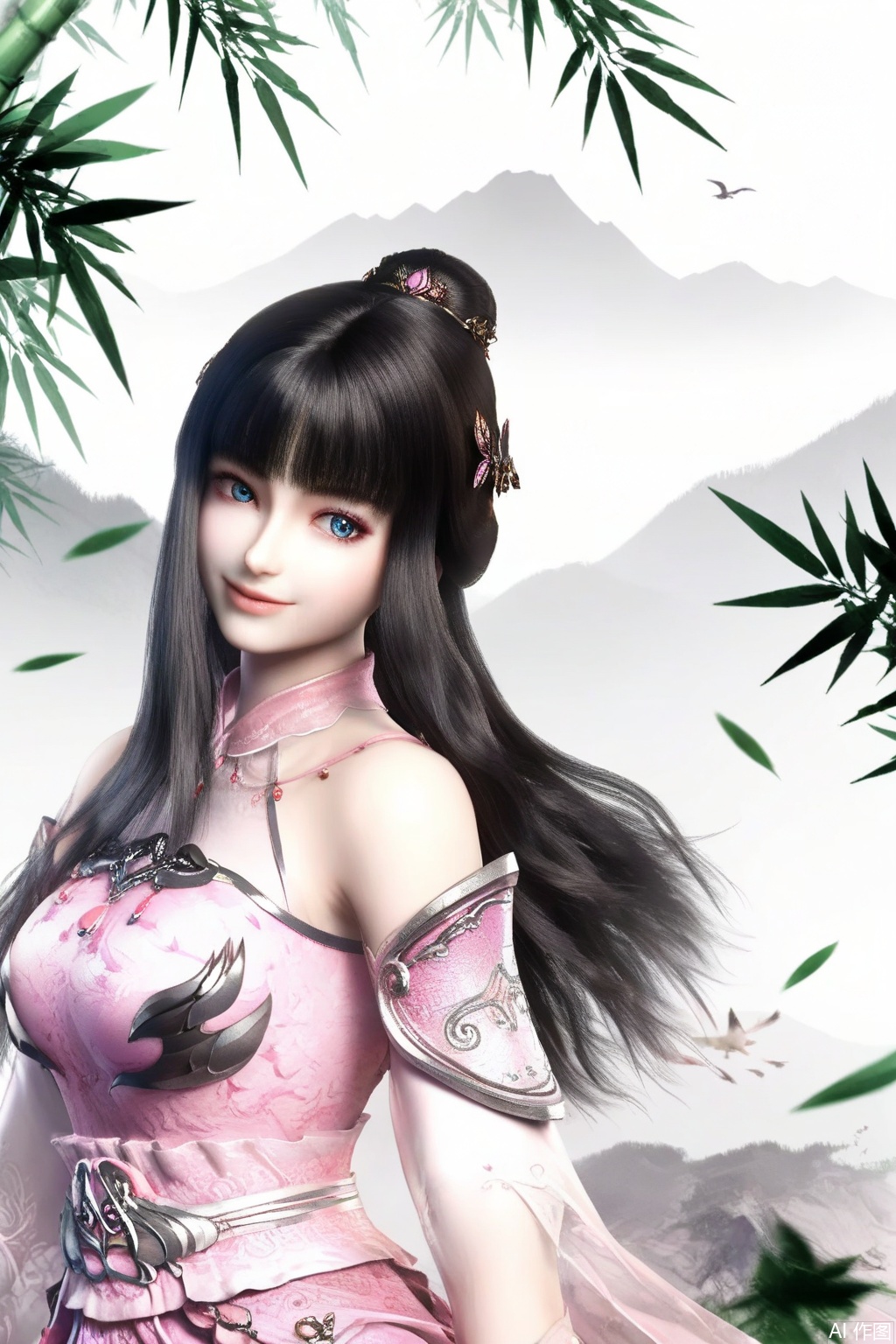 score_9_up , LinShuiYao,1girl, solo, long hair, smile, blue eyes, black hair, hair ornament, dress, upper body, hair bun, bird, leaf, pink dress, mountain, bamboo,armor dress