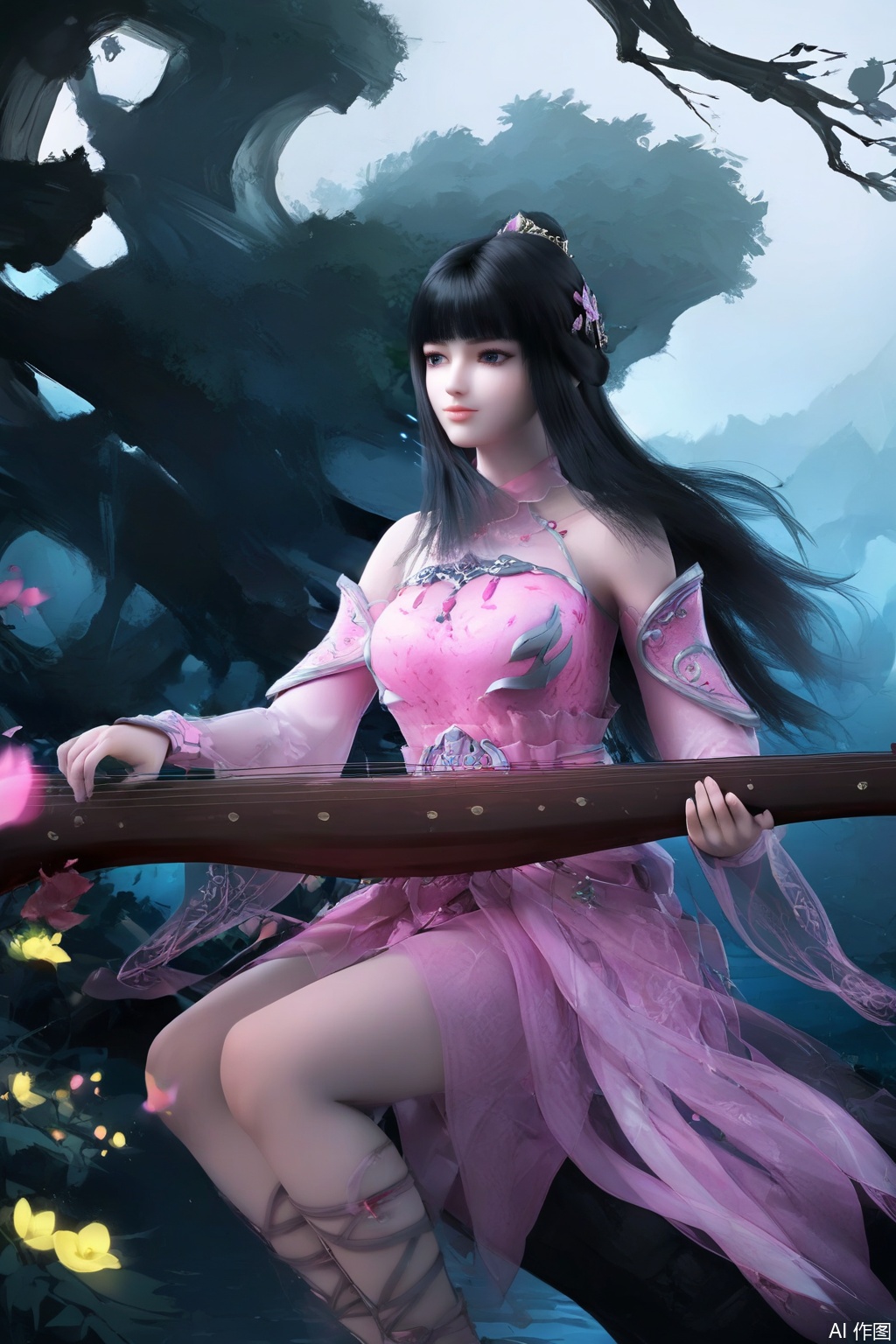score_9_up , LinShuiYao,1girl, solo, long hair, black hair, dress, sitting, flower, detached sleeves, water, tree, instrument, pink dress, playing instrument,armor dress