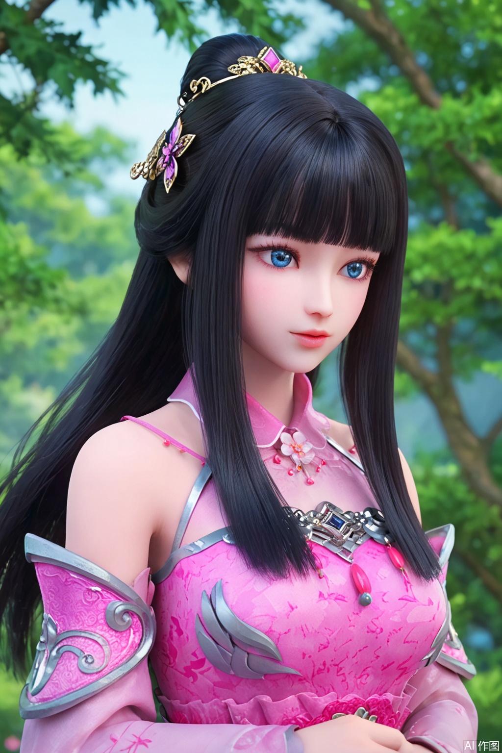 score_9_up , LinShuiYao,1girl, solo, long hair, bangs, blue eyes, black hair, hair ornament, dress, bare shoulders, upper body, ponytail, sidelocks, detached sleeves, blunt bangs, pink dress