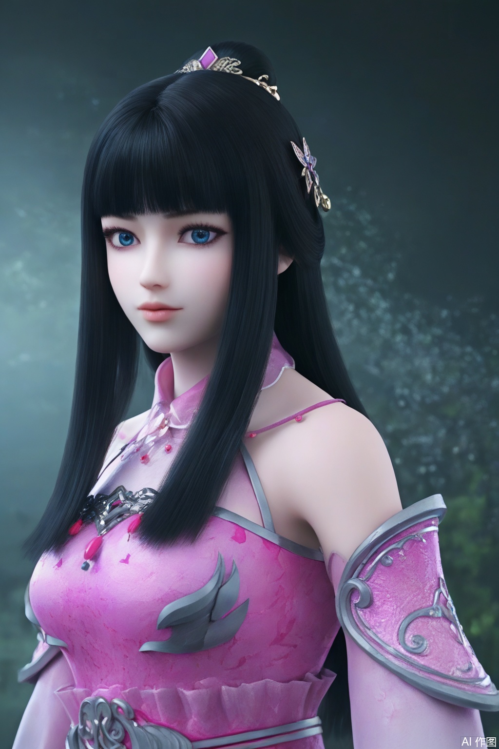 score_9_up , LinShuiYao,1girl, solo, long hair, bangs, blue eyes, black hair, hair ornament, dress, bare shoulders, upper body, ponytail, sidelocks, detached sleeves, blunt bangs, pink dress,armor dress