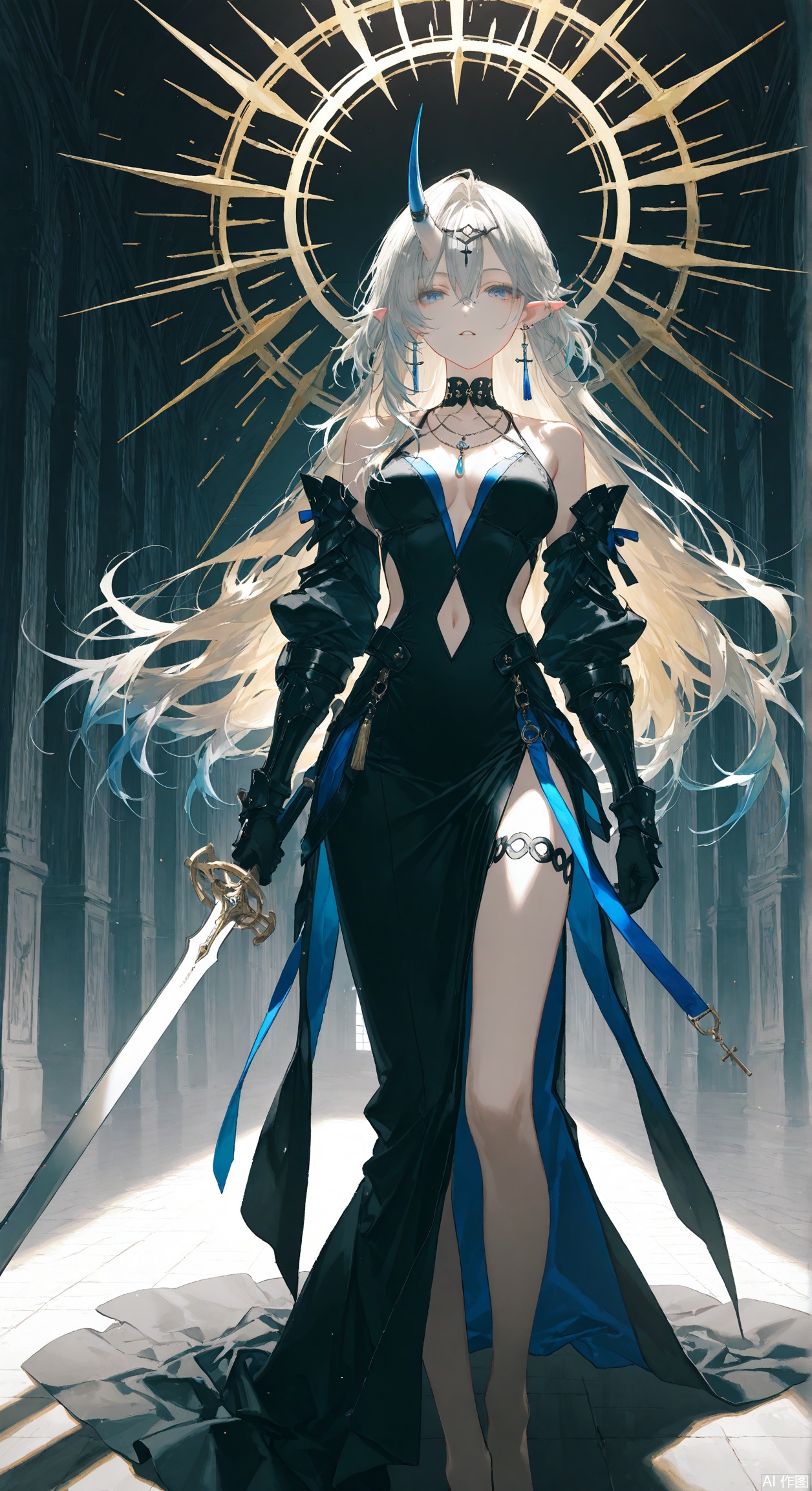 (artist:quasarcake:0.6),extreme aesthetic,masterpiece,best quality,backlight,high quality,(Tyndall Effect 1.4),extremely detailed,High Detail,vibrant colors,anime style,cover art,(wanke:0.8),(watercolor \(tira 7:0.8),(lam (ramdayo):0.8),(mochizuki kei:0.8),extreme aesthetic,masterpiece,best quality,good quality,newest,very aesthetic,absurdres,Visual impact,32K UHD,colorful,sharp focus ,
1girl, solo, long hair, breasts, looking at viewer, bangs, blue eyes, blonde hair, gloves, dress, navel, holding, hair between eyes, bare shoulders, jewelry, standing, weapon, grey hair, earrings, parted lips, horns, sleeveless, pointy ears, black gloves, sword, necklace, holding weapon, halo, holding sword, cross, gauntlets, single horn, navel cutout,Fleurdelys \(wuthering waves\), clothes: Fleurdelys ***** style clothes, large blue levitating spiked circlet, Fleurdelys white and black dress, forehead mark with forehead horn, blue long detached train clothes, 1girl, long hair, pointy ears, barefoot, jewelry, mature female