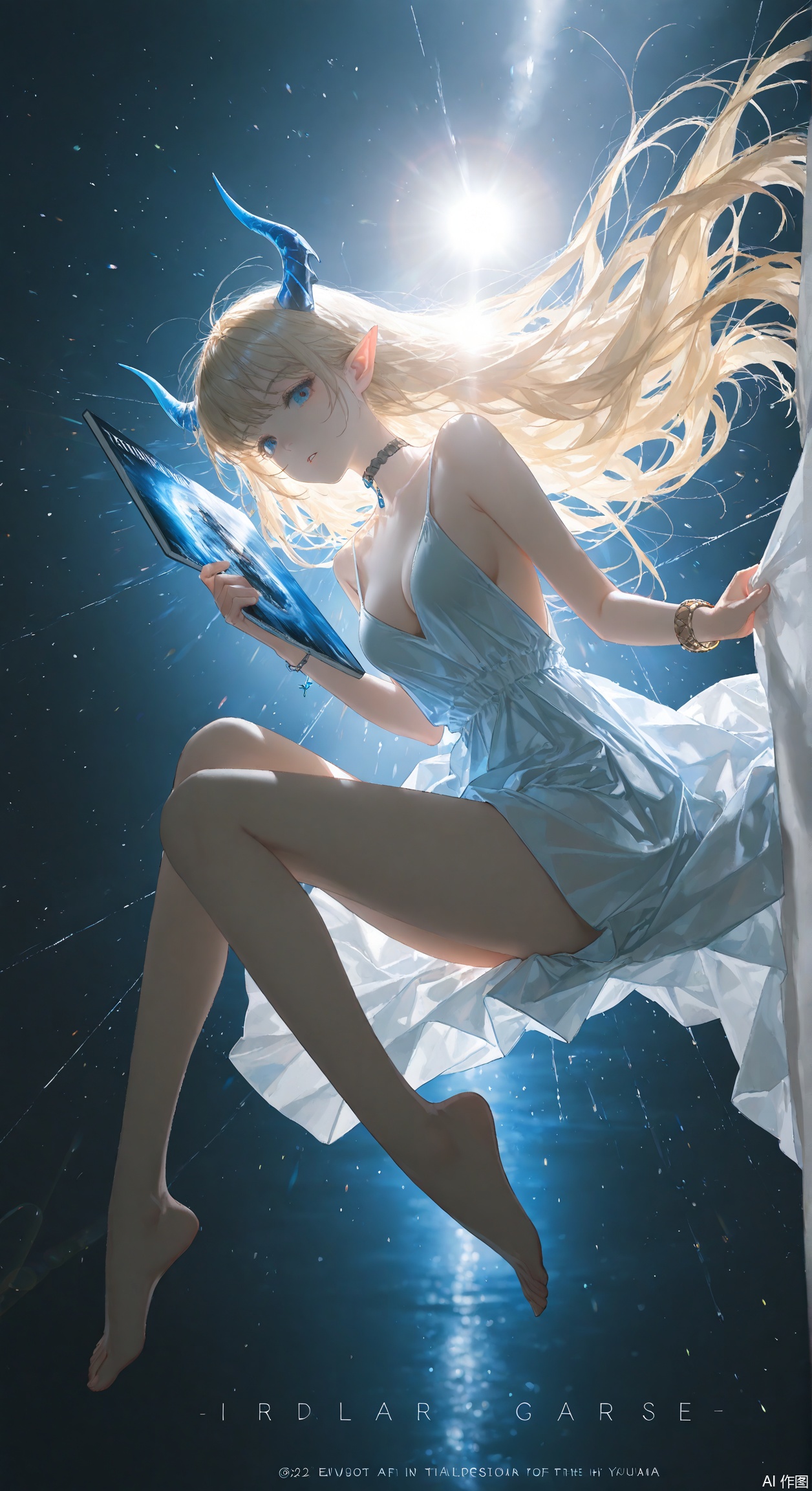 1girl, solo, long hair, breasts, looking at viewer, bangs, blue eyes, blonde hair, dress, holding, bare shoulders, jewelry, very long hair, full body, parted lips, horns, barefoot, choker, pointy ears, white dress, bracelet, feet, english text, bare legs, toes, floating, toenails
(artist:hyouuma:0.8),,depth of field,cinematic lighting,light particles,lens flare, (artist:quasarcake:0.8),extreme aesthetic,(wlop:0.6),masterpiece,best quality,good quality,newest,year 2024,year 2023,very aesthetic,absurdres,Visual impact,A shot with tension, ultra-high resolution,32K UHD,sharp focus,best-quality,masterpiece,Emotionalization,unconventional supreme masterpiece,masterful details,temperate atmosphere,with a high-end texture,in the style of fashion photography,  (Visual impact:1.2),giving the poster a dynamic and visually striking appearance,impactful picture,offcial art,colorful,movie perspective, masterpiece,best quality,amazing quality,very aesthetic,absurdres,best quality,newest