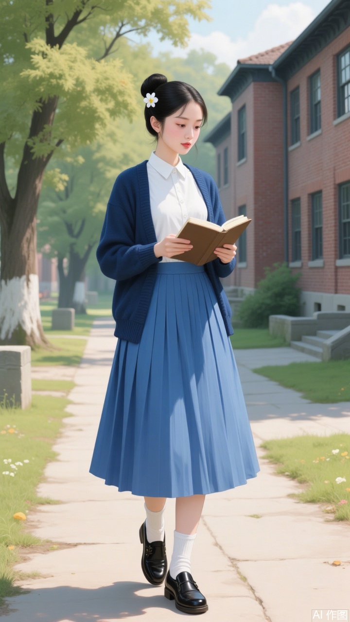 A thick-painted illustration. A young Asian woman with fair skin and black hair styled in a neat bun, adorned with a white flower, stands on a sunlit path in a serene historical schoolyard. She wears a white blouse under a blue cardigan, paired with a pleated blue skirt, white socks, and black leather shoes. Holding an open book in both hands, she is engrossed in reading. The background features classic multi-story brick buildings with large windows, surrounded by lush green trees. This digital painting uses soft, realistic textures to create a peaceful and nostalgic atmosphere.插画美女
