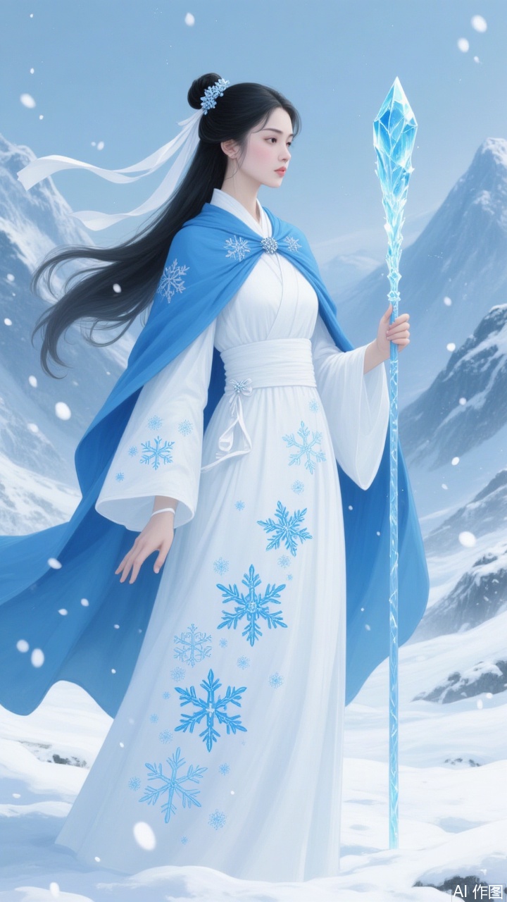 A thick-painted illustration. A beautiful woman with long,flowing black hair tied up with a white ribbon stands in a snowy landscape. She wears a white kimono adorned with blue snowflakes and a matching blue cape. Holding a tall ice crystal staff,the woman gazes calmly at the snow-covered,blue-tinged mountains in the background. Snowflakes gently fall around her,adding a serene atmosphere to the scene. The overall color palette is dominated by cool blues and whites,creating a peaceful winter vibe. The lines are delicate,and the shading is soft.
A thick-painted illustration.插画美女.