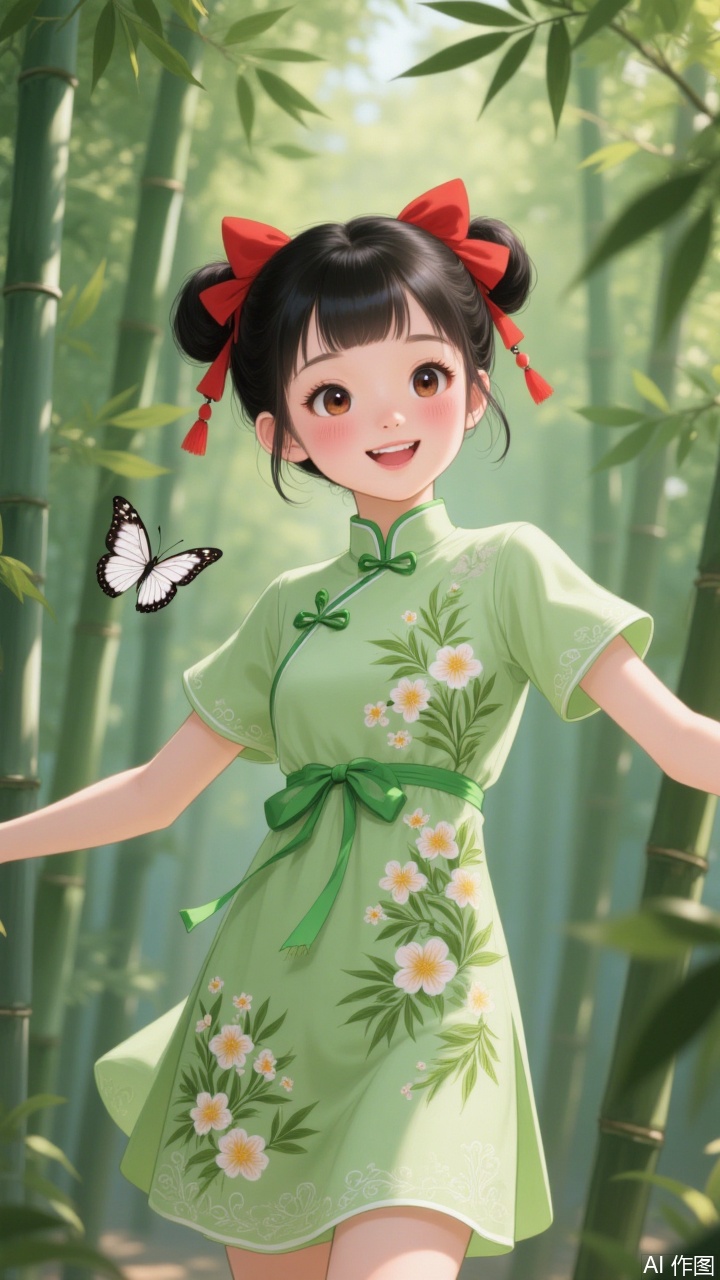 A young girl with black hair styled in double buns,each fastened with a red hair bow,stands alone in a bamboo forest. She blushes as she smiles with her mouth open,revealing her teeth. Bangs frame her face,and her brown eyes sparkle under the sunny sky. Dressed in a short green Chinese-style floral dress with short sleeves and a bow at the waist,she stretches her arms outdoors in the bamboo grove. A blurry butterfly flutters beside her,and a leaf rests on her shoulder,enhancing the natural,tranquil atmosphere. The cowboy-shot composition highlights her delicate features and the vibrant details of her traditional Chinese dress,blending harmoniously with the lush greenery around her.
A thick-painted illustration.插画美女.