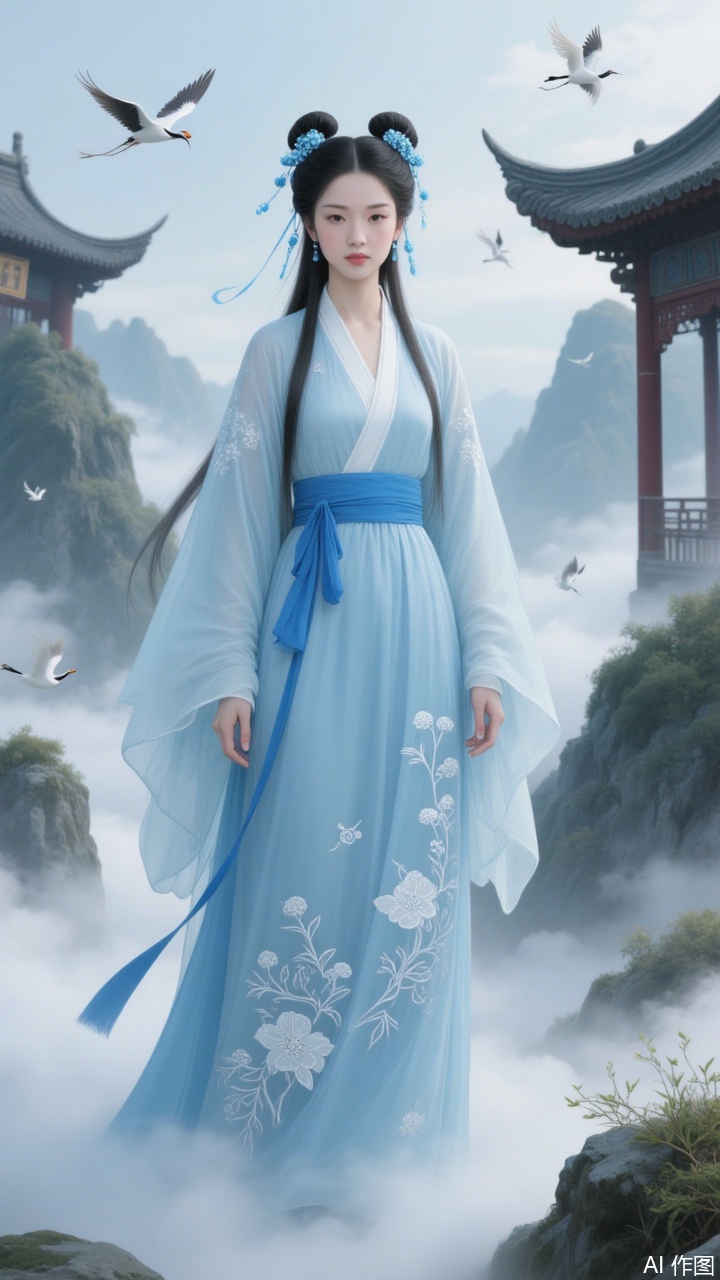 A beautiful Chinese woman with fair skin and long black hair styled in symmetrical twin buns. She wears a light blue traditional Chinese dress adorned with white star patterns and a blue sash. Standing amid mist-shrouded mountains,she is framed by traditional Chinese architecture in the background. Cranes and other birds flutter around her. The soft,ethereal lighting enhances the serene and mysterious atmosphere. The art style blends realism with fantasy,showcasing delicate textures and a harmonious color palette. The composition is balanced,focusing on the woman's tranquil expression and graceful pose.
A thick-painted illustration.插画美女.