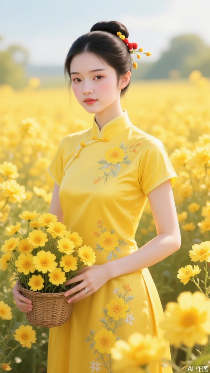 A photograph of a young Chinese woman with fair skin,standing in a sunlit field of yellow flowers. She has a delicate,slender figure,wearing a short-sleeved traditional Chinese yellow dress embroidered with floral patterns. Her hair is styled in an elegant updo,adorned with several red hairpins. In her hands,she carries a woven basket filled with the same yellow flowers from the field. The background features a blurred expanse of flowers under a bright,clear sky,creating a serene and dreamy atmosphere. The image boasts a soft,warm color palette.
A thick-painted illustration.插画美女.