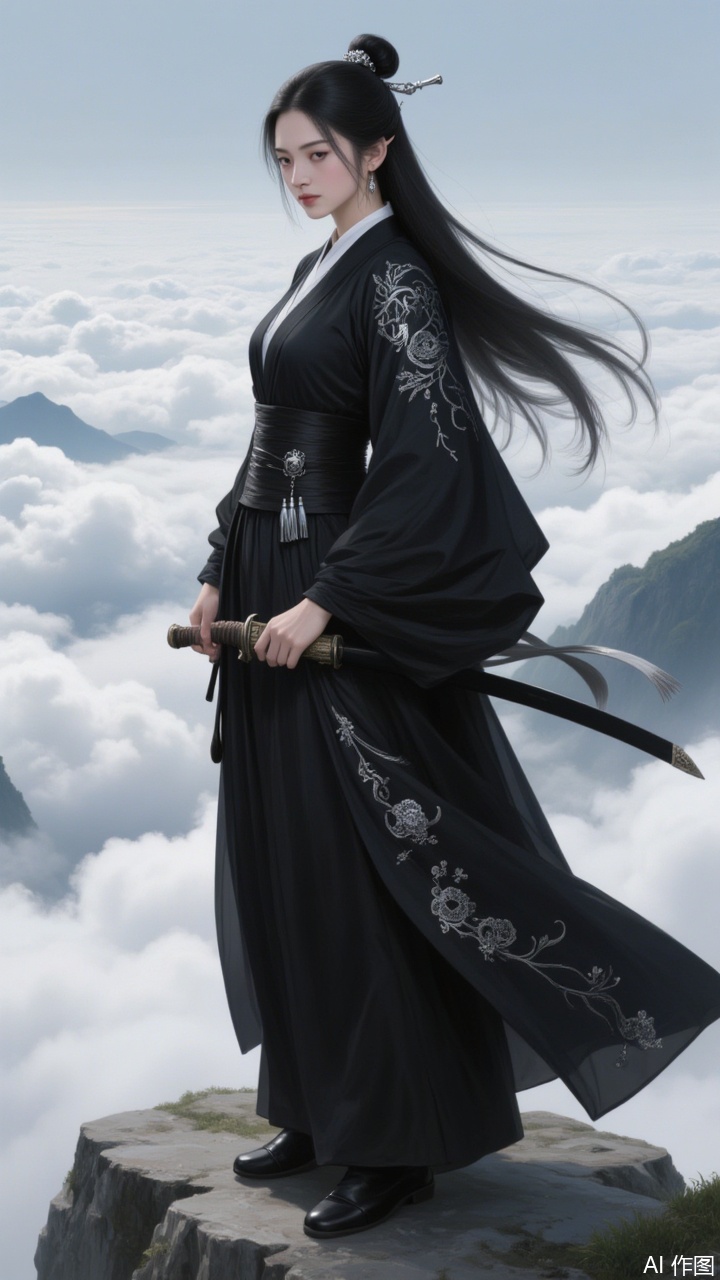 A woman stands on a rocky cliff,overlooking a vast expanse of fluffy clouds and distant mountains. She has long,straight black hair,adorned with a small silver hairpin. She wears an elegant,flowing black hanfu (Chinese traditional clothing) with intricate silver patterns,and holds a sword in her right hand. The hanfu's sleeves are decorated with silver tassels,and she wears black hakama pants. The background features a serene,misty landscape. This digital illustration blends traditional Chinese aesthetics with modern fantasy elements,highlighting an ethereal and ethereal atmosphere.
A thick-painted illustration.插画美女.