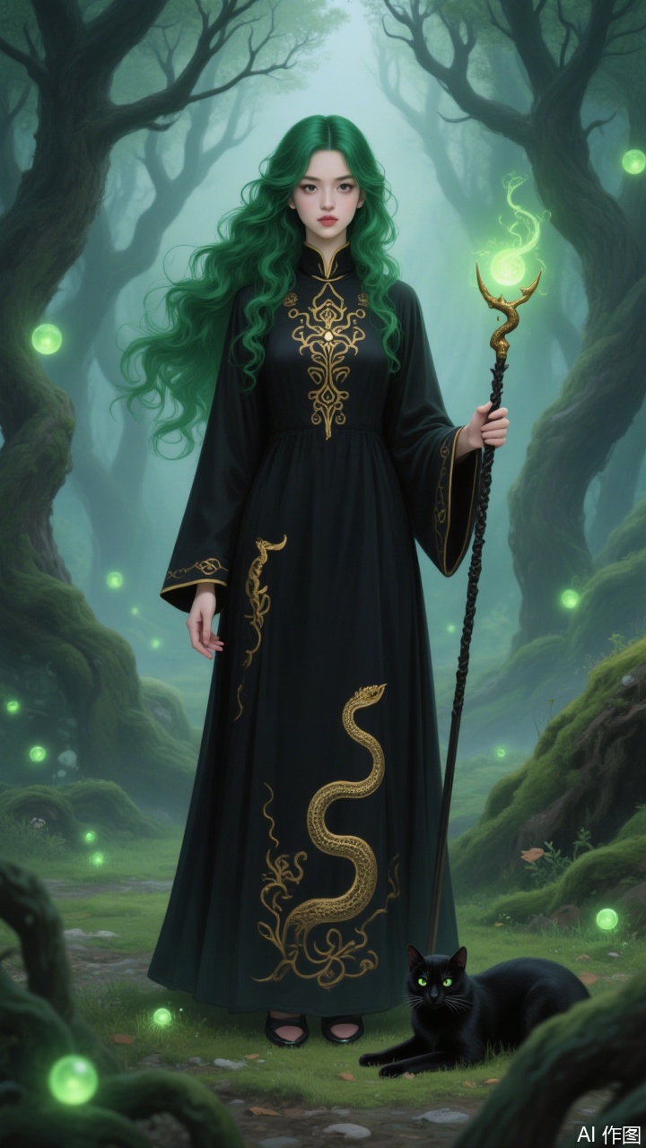 A young woman with flowing green hair. She wears a black high-collared dress adorned with intricate golden patterns and holds a staff with a snake-headed design. Standing in a mist-shrouded forest,she is surrounded by glowing orbs,with a black cat lying at her feet. The background is filled with swirling fog and twisted trees,creating a magical,otherworldly atmosphere. The lighting is soft,and the orbs emit a mysterious glow. The art style is rich in fantasy themes,immersing viewers in a surreal and enchanting realm.
A thick-painted illustration.插画美女.