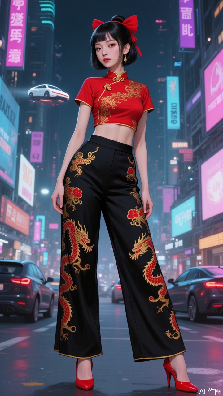 A slender Chinese woman with short black hair,wearing a red hair bow,stands confidently in a futuristic cityscape. She dons a red crop top embroidered with golden dragon patterns,paired with black high-waisted pants featuring red and gold dragon designs and red high heels. The background shimmers with neon lights,flying cars shuttle through the air,and holographic advertisements are everywhere,infusing the entire scene with vibrant energy. The woman's expression is determined as she stands with one hand on her hip,exuding a confident aura. The dynamic lighting in the image creates a striking contrast between the bright neon highlights and the dark,moody background.
A thick-painted illustration.插画美女.