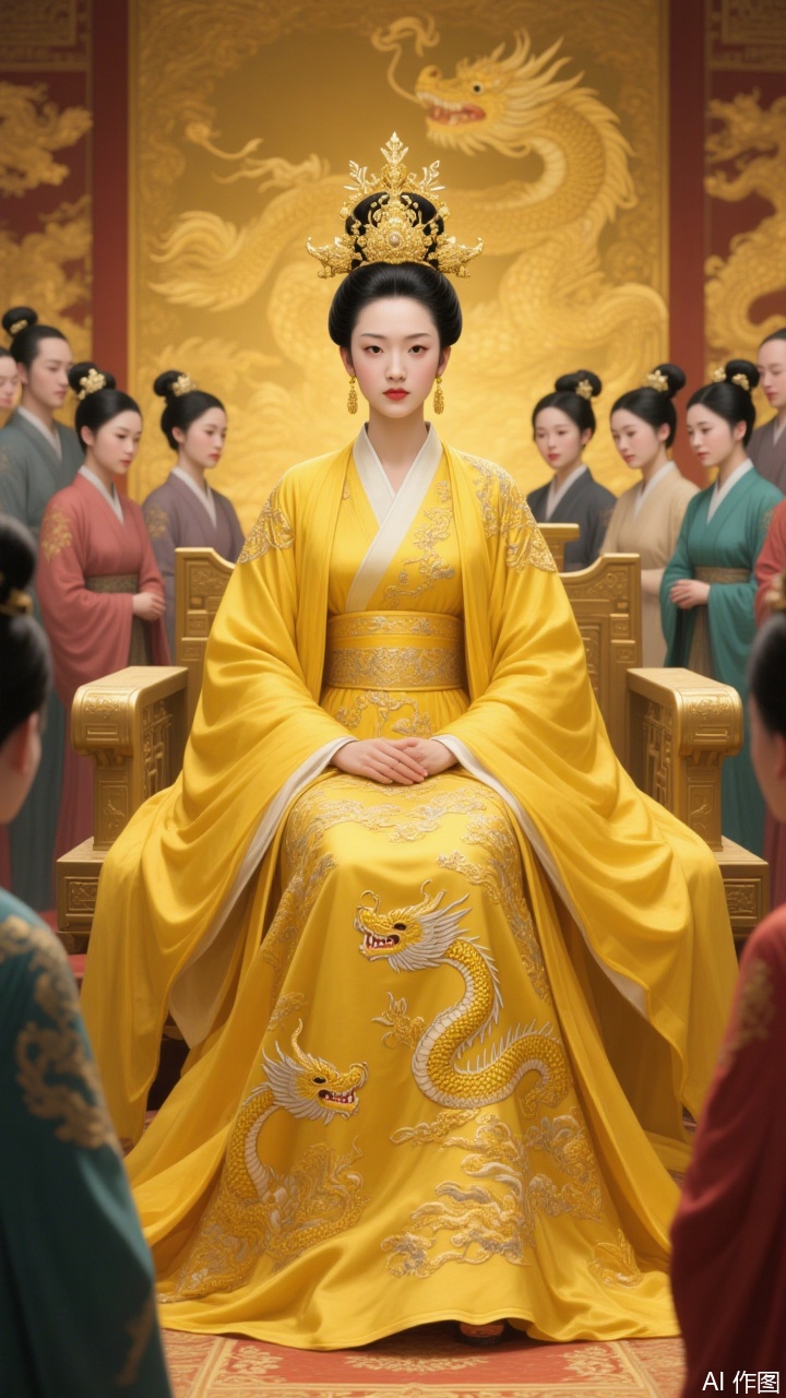 A Chinese empress seated on a golden throne. She wears a sumptuous bright yellow silk gown adorned with intricate dragon patterns,paired with a matching coronet. The empress has fair skin and delicate features,surrounded by attendants in traditional court attire. The background walls are decorated with ornate golden dragon motifs,and the lighting is soft and warm. The art style blends realism with fantasy,emphasizing opulence and grandeur. The image is rich in detail,with smooth textures and vibrant colors. The composition is balanced,placing the empress at the center while background elements artfully highlight her exalted status.
A thick-painted illustration.插画美女.