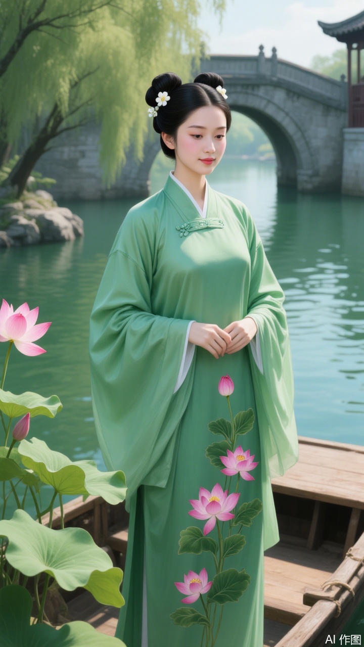A serene Chinese woman is photographed in a traditional green silk robe adorned with pink lotus flowers,standing on a wooden boat in a peaceful river. Her dark hair is styled in elegant buns,accessorized with a white flower. She wears a gentle smile,and her skin is fair. The background features a stone bridge,lush greenery,and a pink lotus flower blooming on the left. The scene is brightly lit,with soft natural light enhancing the tranquil atmosphere. The image has a high resolution and a naturalistic style.
A thick-painted illustration.插画美女.