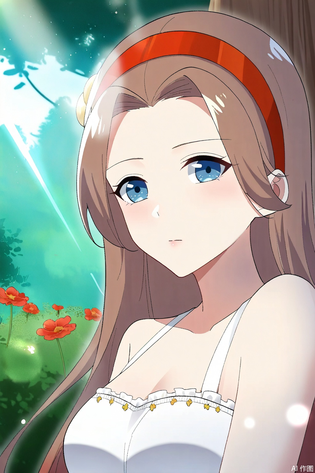 1girl,solo,long hair, breasts, blue eyes, large breasts, brown hair, hair ornament,  bare shoulders, flower, hairband, sleeveless, white dress,  sleeveless dress, red flower, red hairband,upper body,looking at viewer,Forest,Forest,