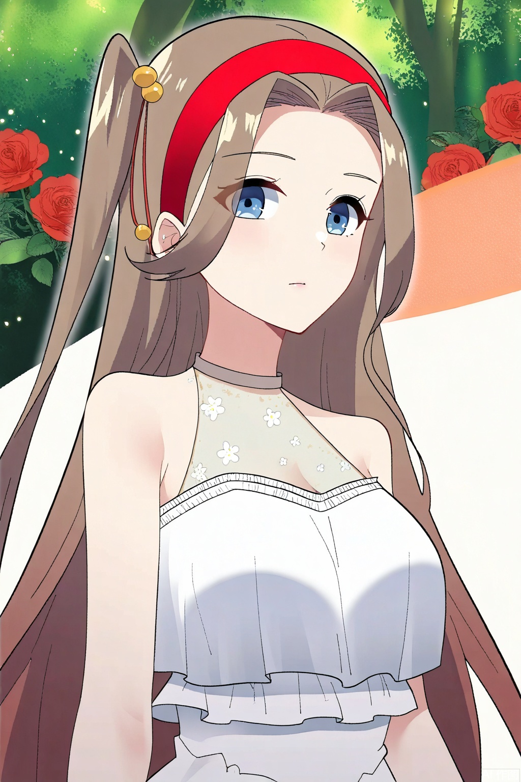 1girl,solo,long hair, breasts, blue eyes, large breasts, brown hair, hair ornament,  bare shoulders, flower, hairband, sleeveless, white dress,  sleeveless dress, red flower, red hairband,upper body,looking at viewer,Forest,Forest,