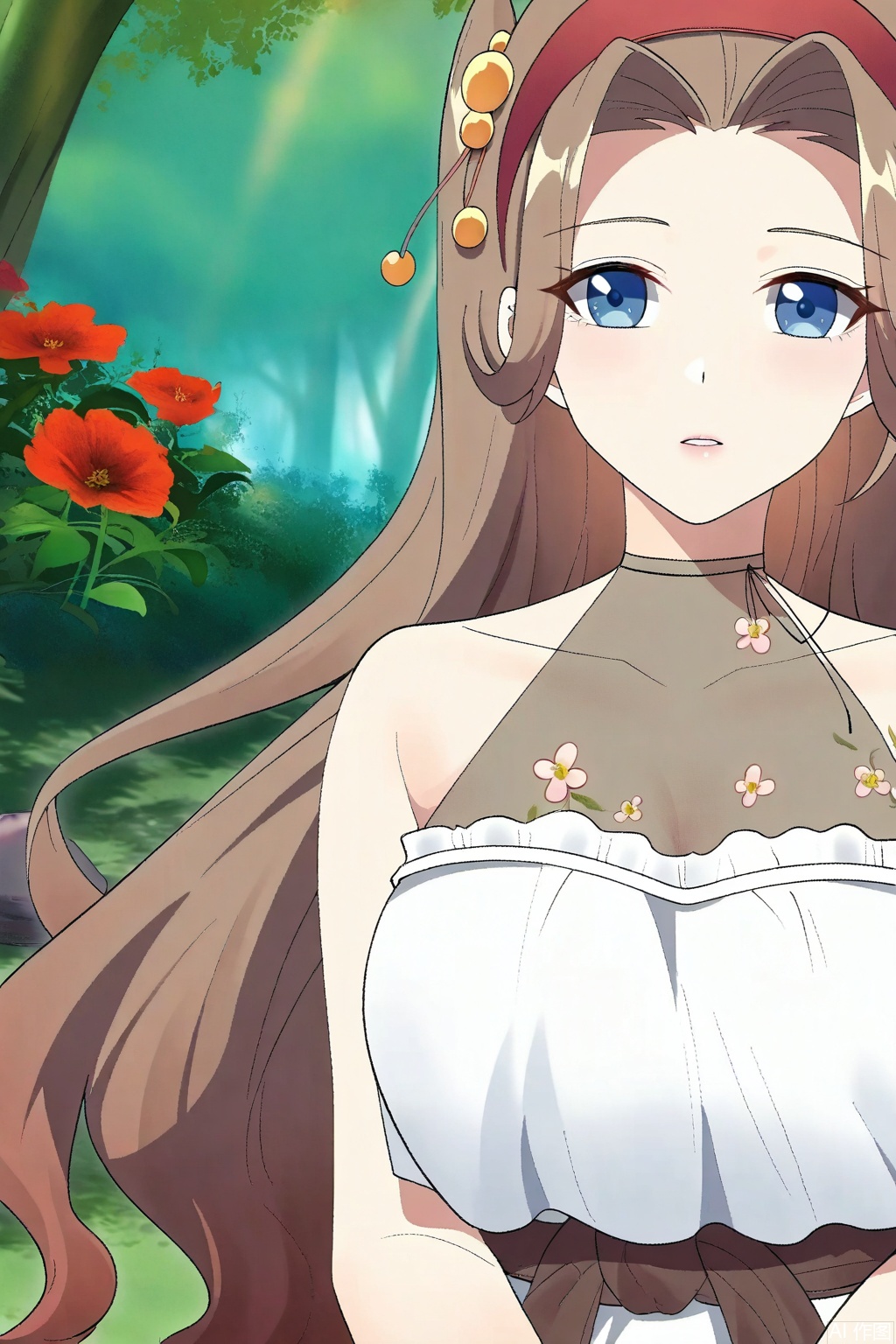 1girl,solo,long hair, breasts, blue eyes, large breasts, brown hair, hair ornament,  bare shoulders, flower, hairband, sleeveless, white dress,  sleeveless dress, red flower, red hairband,upper body,looking at viewer,Forest,Forest,