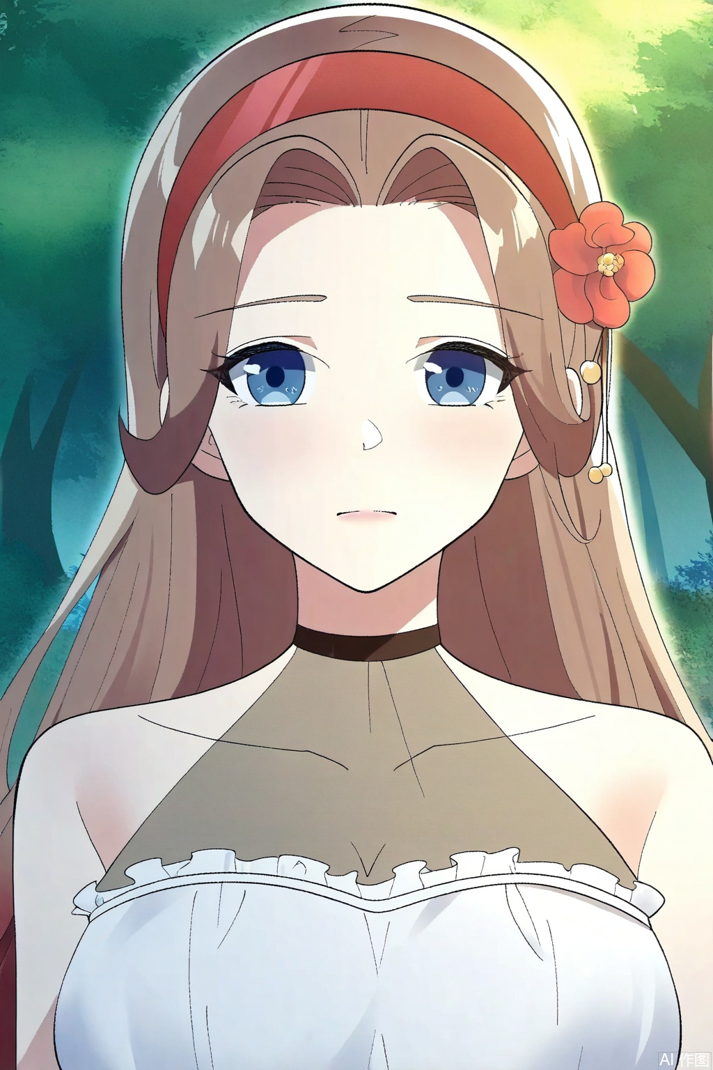 1girl,solo,long hair, breasts, blue eyes, large breasts, brown hair, hair ornament,  bare shoulders, flower, hairband, sleeveless, white dress,  sleeveless dress, red flower, red hairband,upper body,looking at viewer,Forest,Forest,