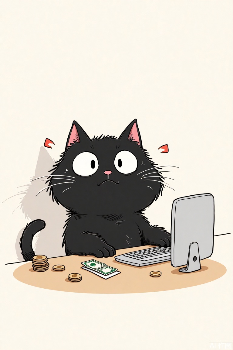 A minimalistic meme image in Yeoniu Choi's style, featuring clean backgrounds and cartoonish thick-lined sketching. Centered shot with soft lighting, showcasing an anthropomorphic black cat at a computer desk. The cat has white eye rings, appears pitiful, sorrowful, and sweats profusely while working hard. On the table are 3 coins and 2 torn bills. The composition is simple yet expressive, focusing on the cat’s exaggerated emotions against a clean, neutral background.