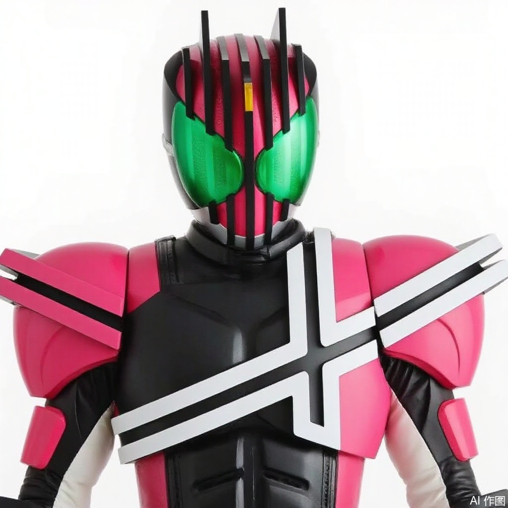 masterpiece, best quality,solo,((white background:1.2)),simple background,
looking at viewer,dcd,decade,kamen_rider,bodysuit,legwear,gloves,boots,cover,mask,armor,bodysuit,pink pattern on body,helmet,tokusatsu,no humans,science fiction,hard mask,no smile,no eyes,no nose,full armor,gauntlets,shoulder armor,breastplate,robot,mecha