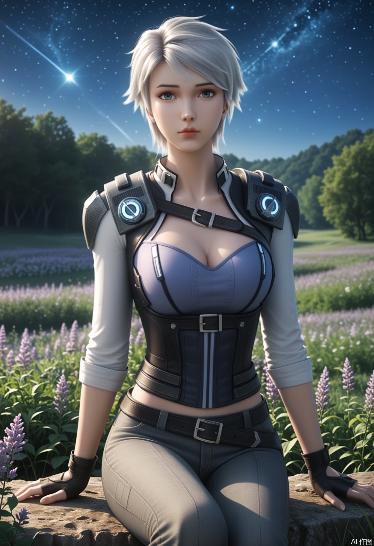 score_9,score_8_up,score_7_up,highly detailed,ultra-high best quality,masterpiece,realistic,ultra-fine painting,extreme detail description,Professional,Vivid Colors,(((extremely detailed CG unity 8k wallpaper))),an extremely delicate and beautiful,official art,sweet and delicate girl,delicate facial features,perfect bright figure,surrounded,Bright,romantic long hair,natural light,warm and sweet,a girl,
ranbing,
1girl, solo, breasts, short hair, blue eyes, white hair, lips, shoulder pads,belt, pants,gloves, jacket, fingerless gloves,
(in a meadow:1.3),(night:1.2),(stars:1.3),((perfect legs:1.2)),(large breasts:1.2),((upper body:1.3)),
sitting

