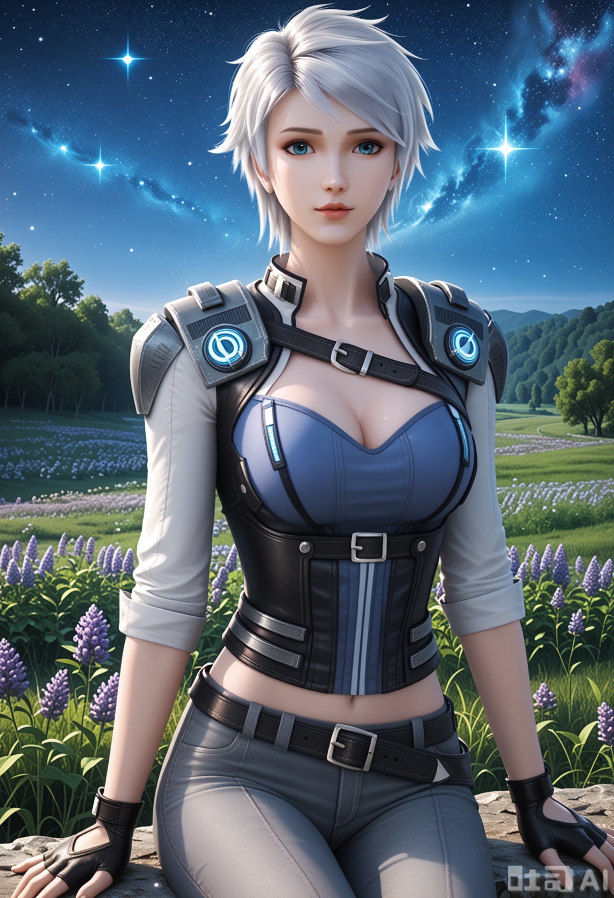 score_9,score_8_up,score_7_up,highly detailed,ultra-high best quality,masterpiece,realistic,ultra-fine painting,extreme detail description,Professional,Vivid Colors,(((extremely detailed CG unity 8k wallpaper))),an extremely delicate and beautiful,official art,sweet and delicate girl,delicate facial features,perfect bright figure,surrounded,Bright,romantic long hair,natural light,warm and sweet,a girl,
ranbing,
1girl, solo, breasts, short hair, blue eyes, white hair, lips, shoulder pads,belt, pants,gloves, jacket, fingerless gloves,
(in a meadow:1.3),(night:1.2),(stars:1.3),((perfect legs:1.2)),(large breasts:1.2),((upper body:1.3)),
sitting

