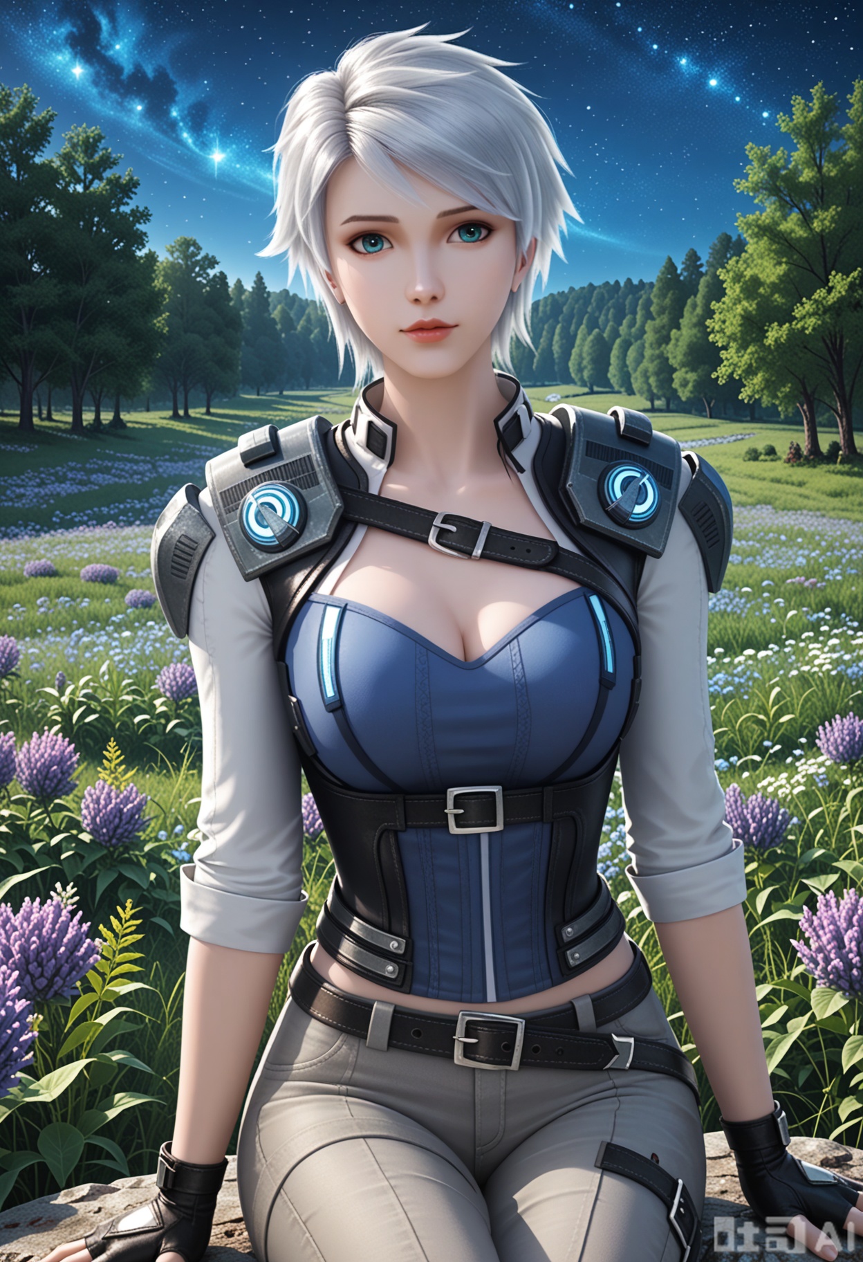 score_9,score_8_up,score_7_up,highly detailed,ultra-high best quality,masterpiece,realistic,ultra-fine painting,extreme detail description,Professional,Vivid Colors,(((extremely detailed CG unity 8k wallpaper))),an extremely delicate and beautiful,official art,sweet and delicate girl,delicate facial features,perfect bright figure,surrounded,Bright,romantic long hair,natural light,warm and sweet,a girl,
ranbing,
1girl, solo, breasts, short hair, blue eyes, white hair, lips, shoulder pads,belt, pants,gloves, jacket, fingerless gloves,
(in a meadow:1.3),(night:1.2),(stars:1.3),((perfect legs:1.2)),(large breasts:1.2),((upper body:1.3)),
sitting

