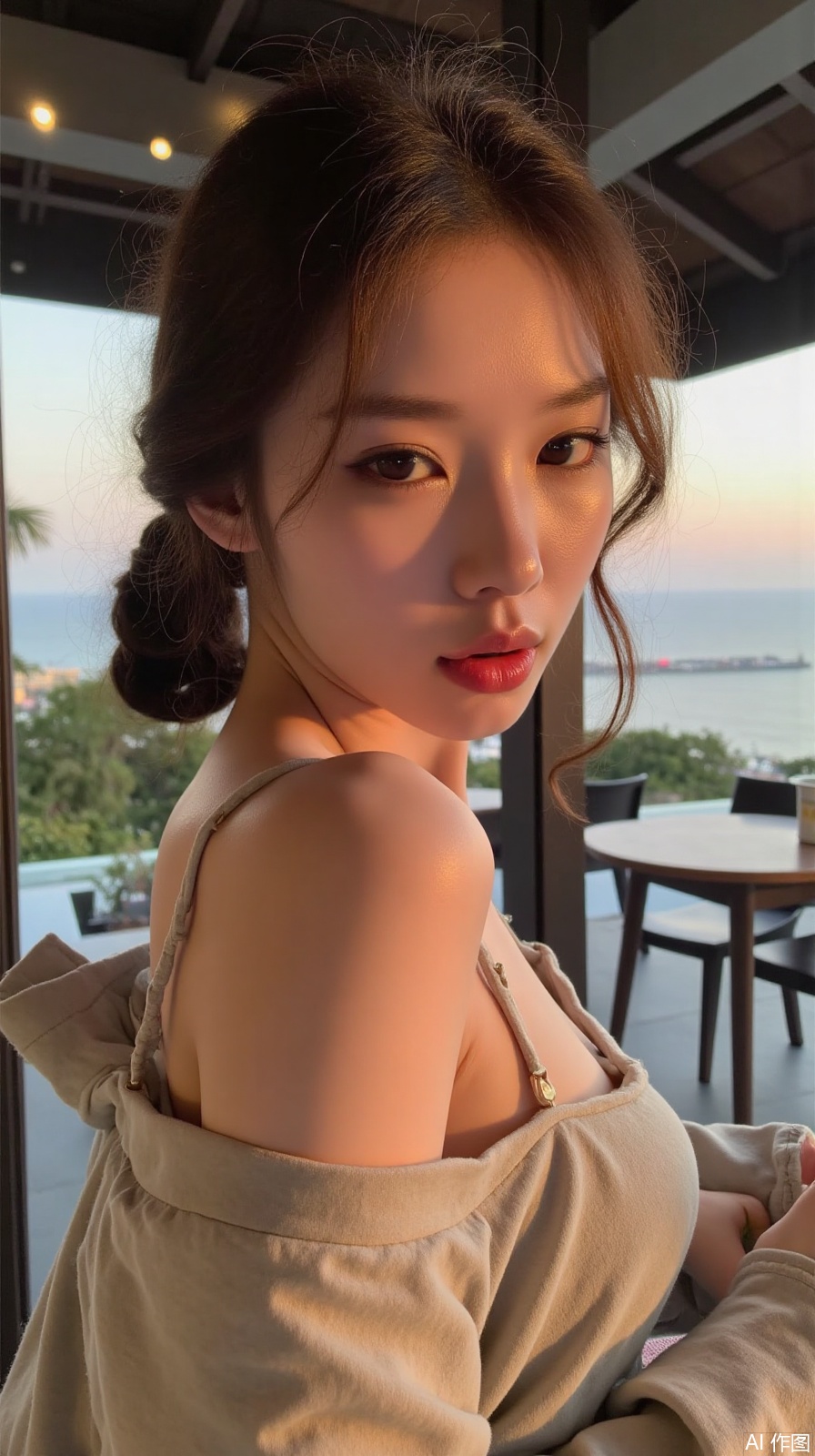 Tall Asian beauty, fluffy and hard brown-red curly hair, a few hairs droop down, revealing a white and translucent face, hair luster, super fine presentation of skin texture, rich and full skin details, delicate skin, 32K ultra-high-definition wallpaper quality, lip gloss gloss, facial shadows three-dimensional, strong light sense, Baizhe's skin, golden brown eyes, background roof sea view coffee shop, scarf ponytail, instant look back, dynamic blur, dynamic Gaussian blur, side front photo, surrealism, impressionism, rich details, vivid and perfect colors, masterpiece exquisite details, light color, dark tone, low atmosphere, personality perspective, asymmetry, thick sense of atmosphere full, virtual focus, dark haze, overexposure, depth of field, strong film grain texture, rich layers, dark corners, freehand painting, light aesthetics, purple and gray tone