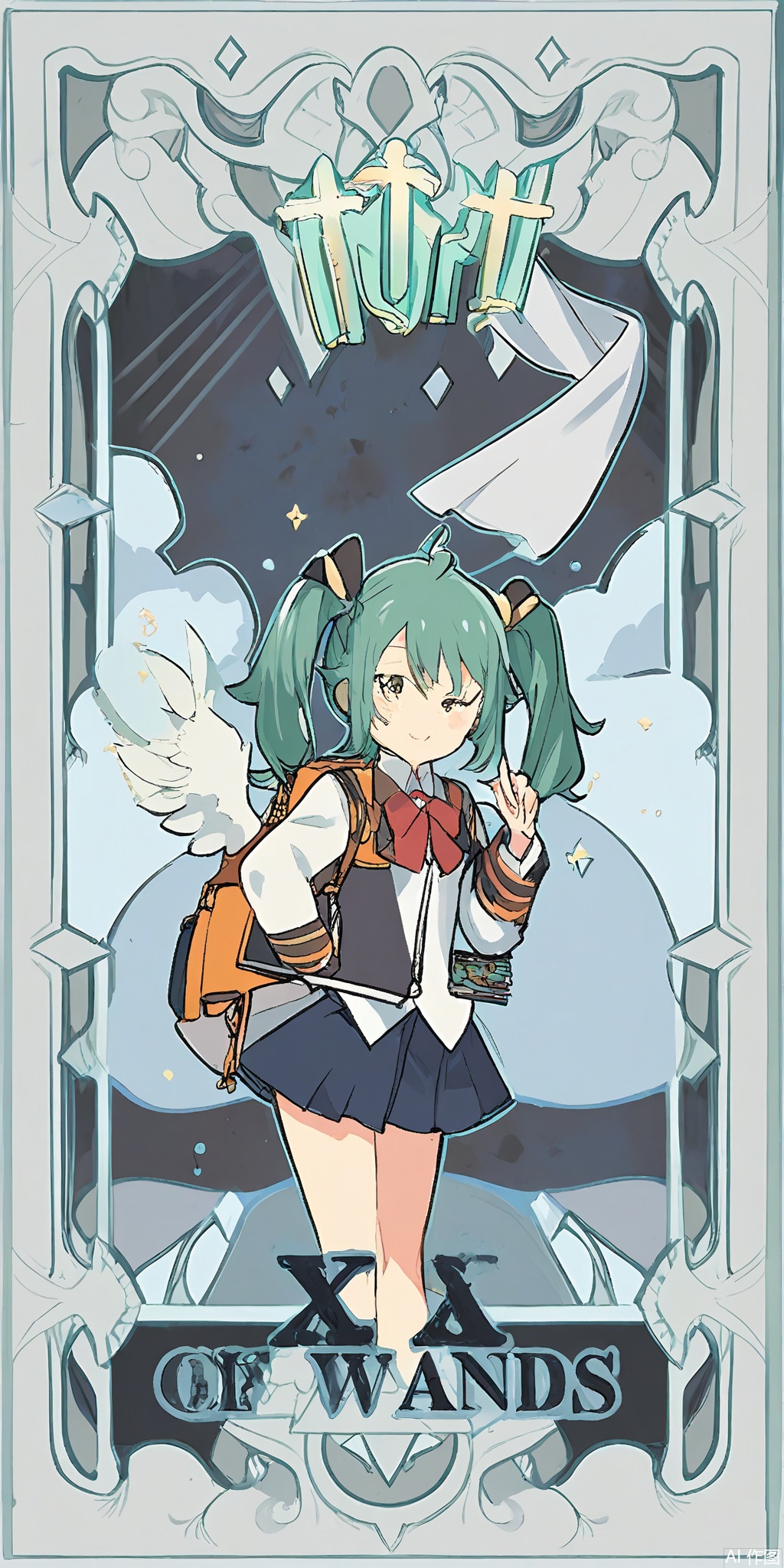 TLP, Anime - style drawing of a mint - haired girl with pigtails tied with ribbons. She's wearing a cute mint and white school uniform with a backpack. In her grasp, she holds a textbook and a pen. The background is a detailed design of mint and white clouds and birds, resembling a tarot card. The girl has a studious and confident expression and stands with her book in hand, ready to learn. The art style is clean and detailed, with a fantasy theme.

