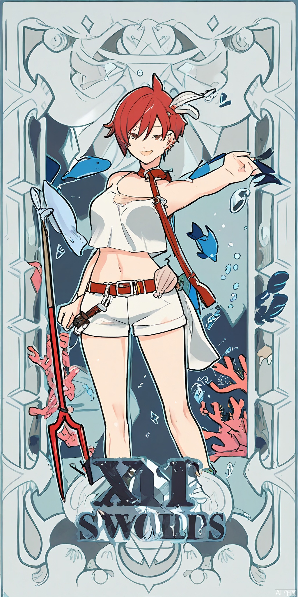 TLP, Anime - style drawing of a coral - haired girl with a pixie cut. She's wearing a trendy coral and white crop top and shorts with a belt of seashells. In her hands, she holds a conch shell and a trident. The background is a delicate pattern of coral and white ocean waves and fish, resembling a tarot card. The girl has a playful and confident expression and stands with her trident raised, ready to explore the sea. The art style is clean and detailed, with a fantasy theme.
