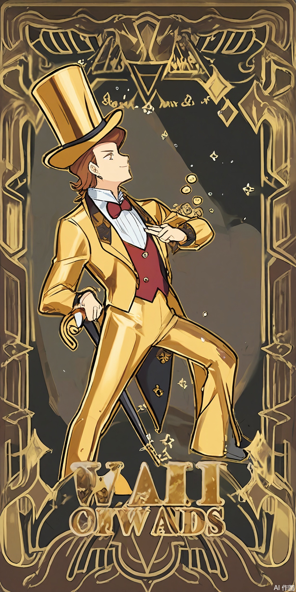 TLP, Anime - style drawing of a mahogany - haired boy with a pompadour. He's wearing a flashy mahogany and gold outfit with a cane. He's holding a deck of cards and a top hat. The background is a complex pattern of mahogany and gold playing cards and casino chips, similar to a tarot card. The boy has a charming and confident expression and stands with his cane in hand, ready to deal the cards. The art style is clean and detailed, with a fantasy theme.
