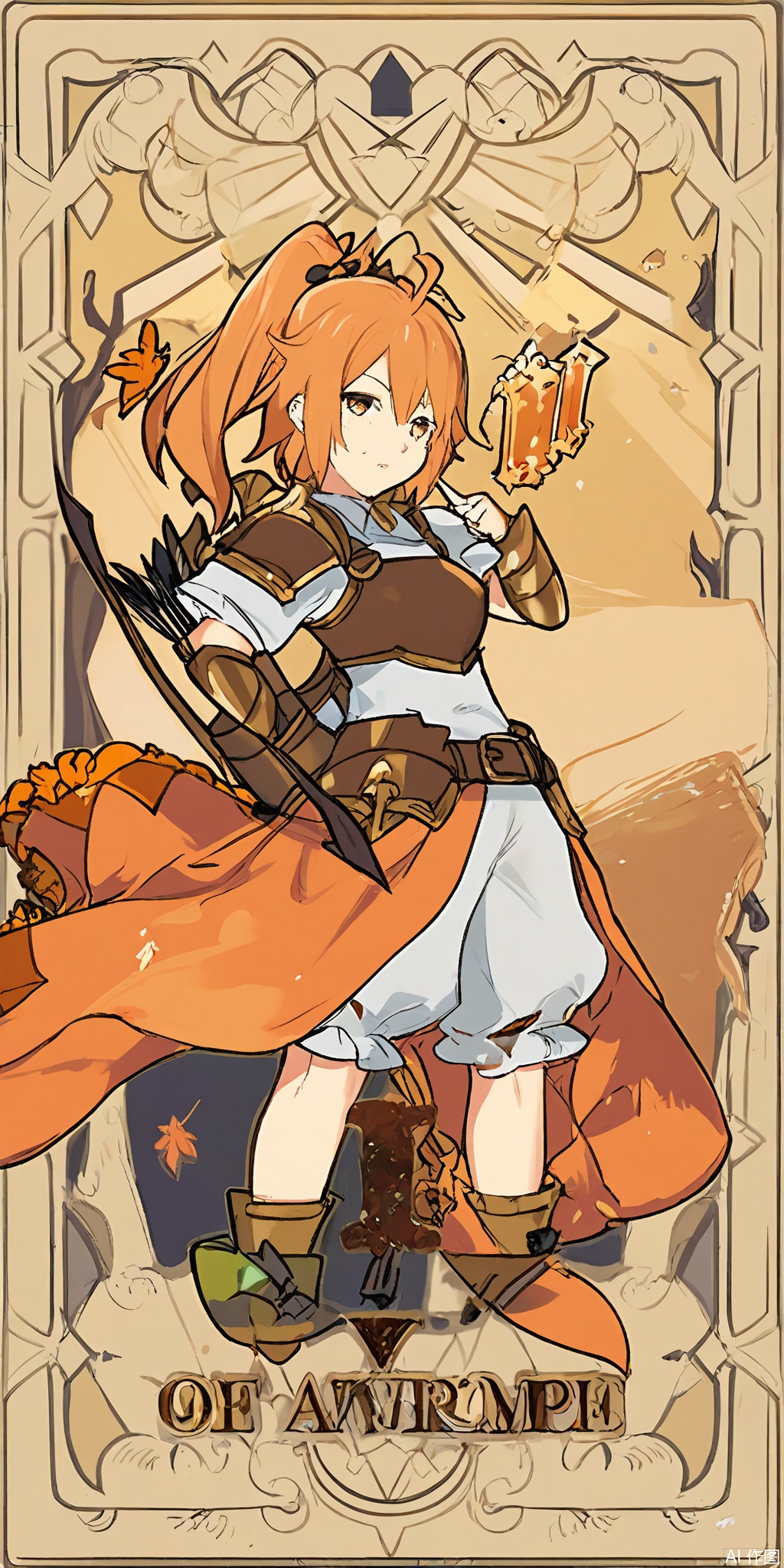 TLP, Anime - style drawing of a orange - haired girl with a high ponytail. She's wearing a vibrant orange and brown leather armor with a feather - trimmed cape. In her grasp, she holds a bow and a quiver of arrows. The background is a detailed design of orange and brown autumn leaves and branches, resembling a tarot card. The girl has a fierce and determined expression and stands ready to draw her bow, her confidence unwavering. The art style is clean and detailed, with a fantasy theme.
