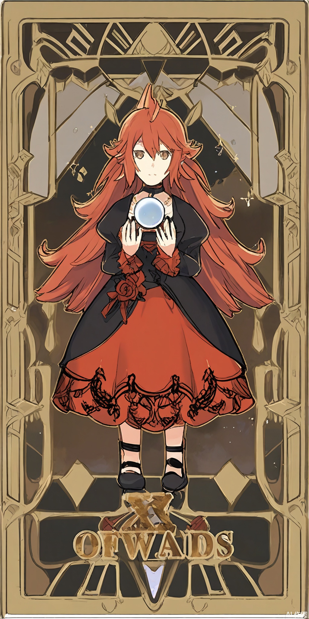 TLP, Anime - style drawing of a red - haired girl with short, spiky hair. She's wearing a crimson and black Victorian - style dress with lace trims and a crescent - shaped pendant around her neck. In her hands, she holds a crystal ball and a dagger. The background is a highly detailed, ornate pattern with red and gold colors, resembling a tarot card. The girl has a determined expression and stands with her feet firmly planted, exuding confidence. The art style is clean and detailed, with a fantasy theme.