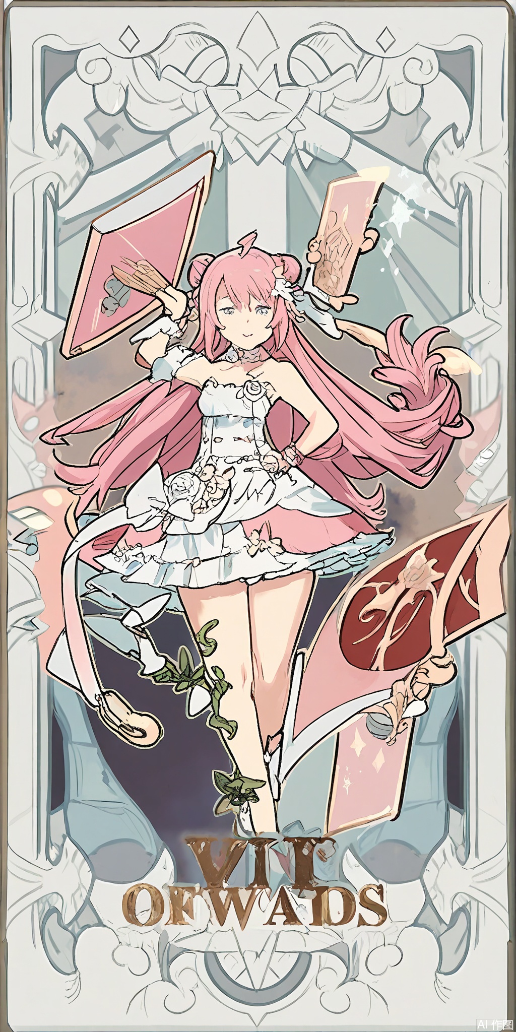 TLP, Anime - style drawing of a pink - haired girl with twin buns. She's wearing a pastel pink and white frilly dress with a ribbon - tied belt. In her grasp, she holds a fan and a small, enchanted book. The background is a delicate pattern of pink and white flowers and vines, resembling a tarot card. The girl has a sweet and serene expression and stands gracefully, her confidence shining through. The art style is clean and detailed, with a fantasy theme.
