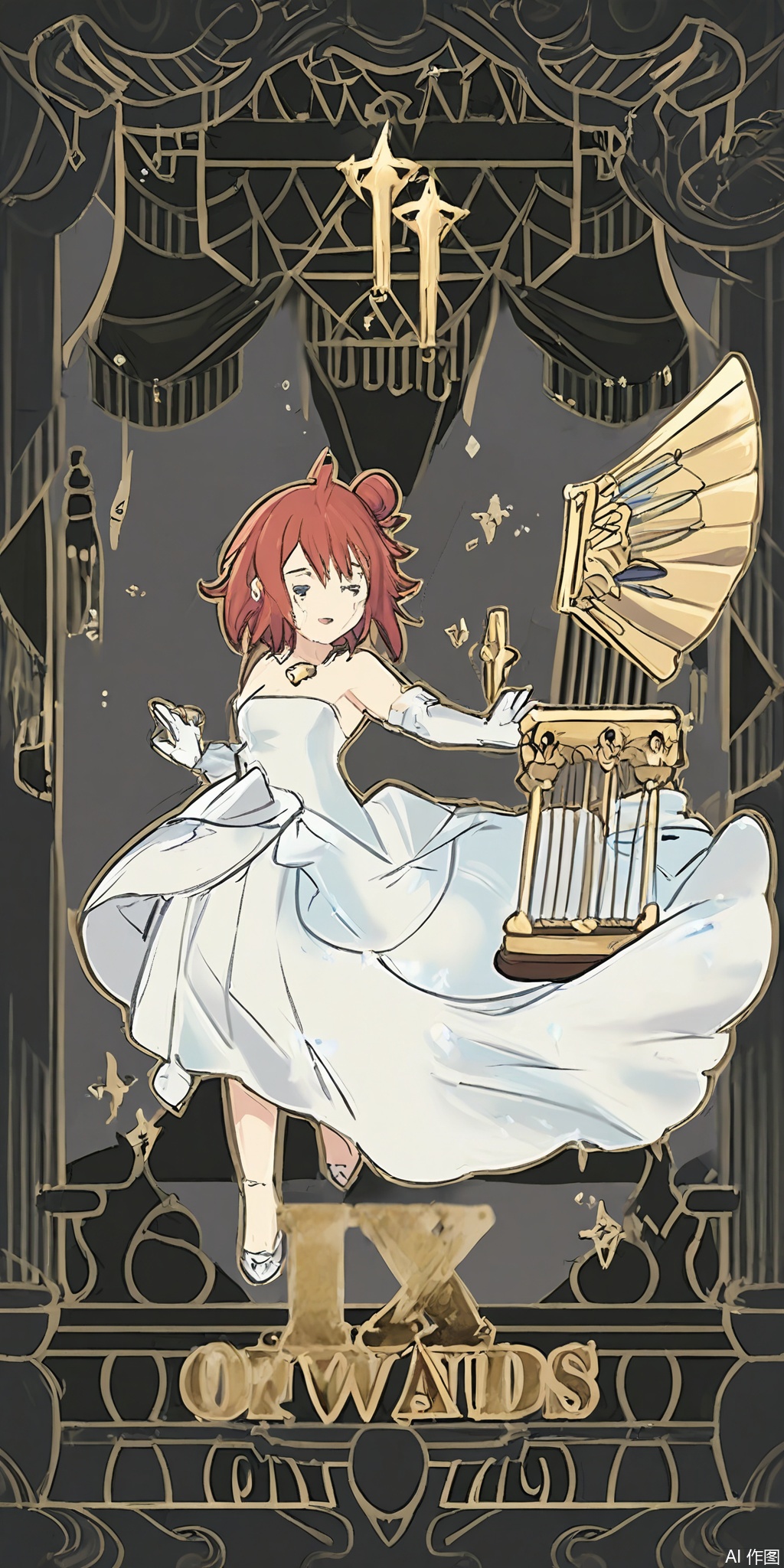 TLP, Anime - style drawing of a lilac - haired girl with a high bun. She's wearing an elegant lilac and white ball gown with a diamond - shaped necklace. In her grasp, she holds a fan and a small, musical box. The background is a complex pattern of lilac and white musical notes and instruments, resembling a tarot card. The girl has a graceful and confident expression and stands with her fan open, ready to dance. The art style is clean and detailed, with a fantasy theme.
