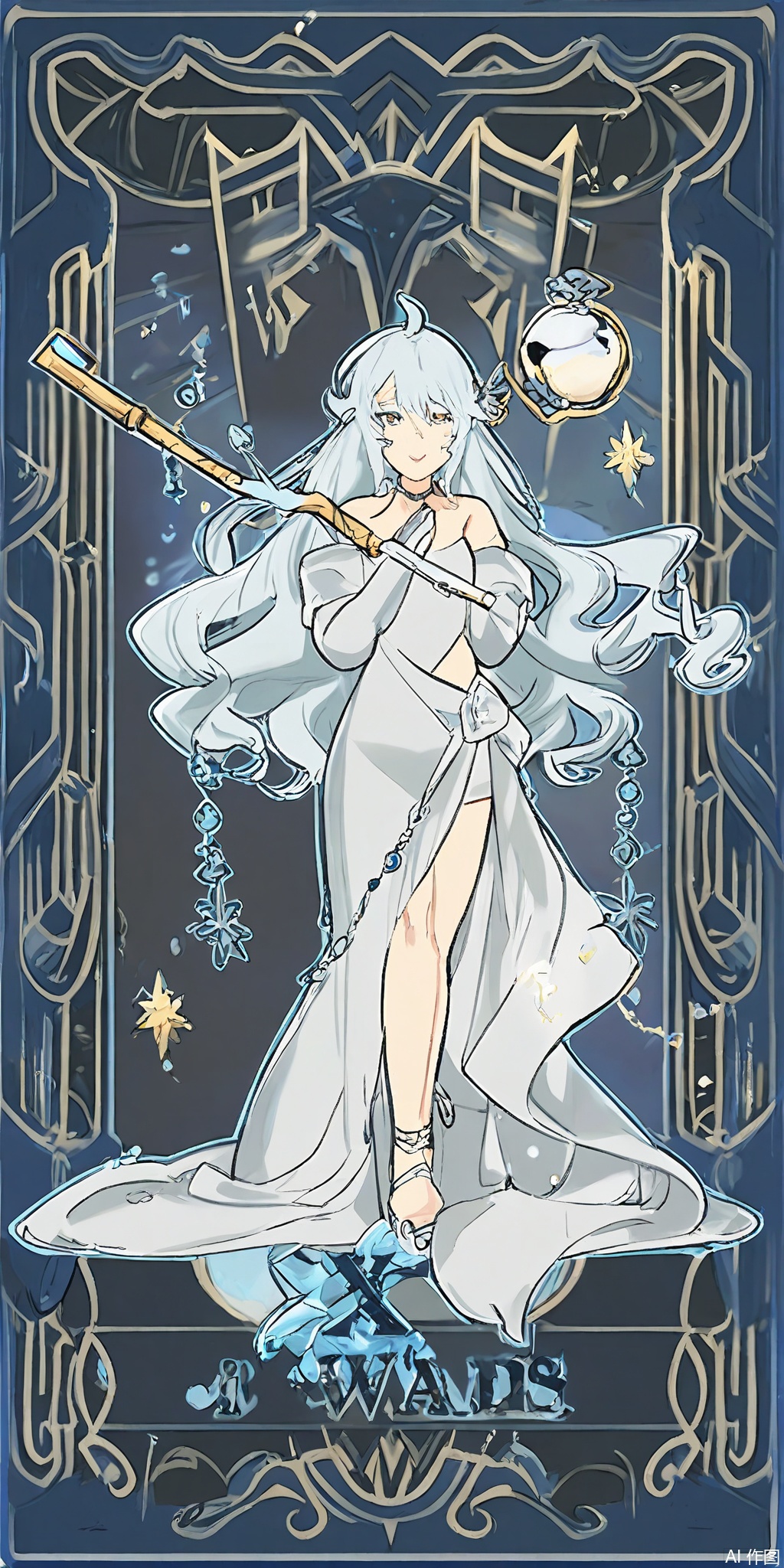 TLP, Anime - style drawing of a white - haired girl with long, wavy hair. She's wearing an elegant white and silver gown with a snowflake - shaped hairpin. In her hands, she holds a snow globe and a staff topped with a crystal. The background is a detailed design of white and blue ice crystals and frost patterns, resembling a tarot card. The girl has a tranquil and confident expression and stands in a regal pose, her presence commanding. The art style is clean and detailed, with a fantasy theme.
